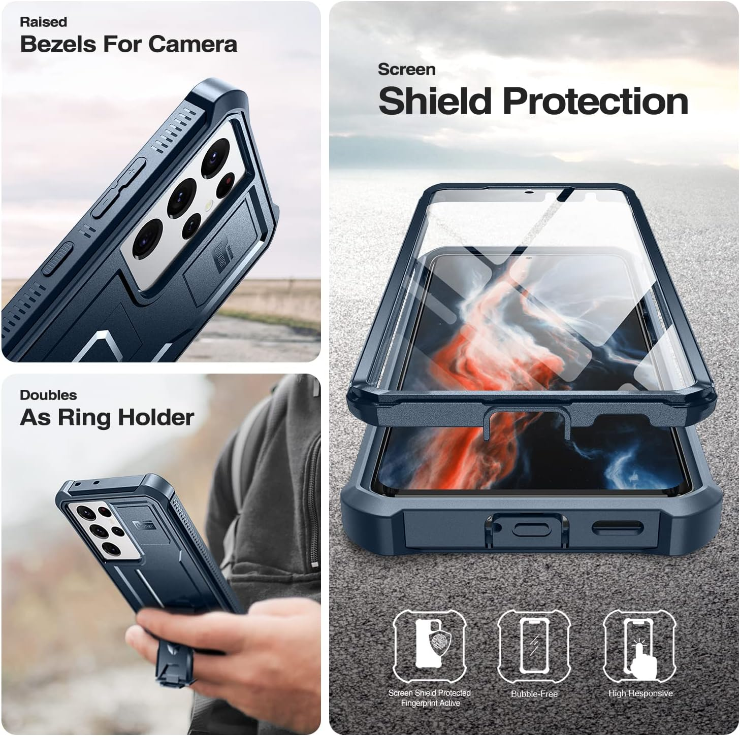 Dexnor Case for Samsung Galaxy S21 Ultra 5G 6.8 Inch with Built-In Screen Protector Military Grade Armour Heavy Duty 360 Full Body Shockproof Bumper Protection Cover with Stand - Blue - Black image number 6