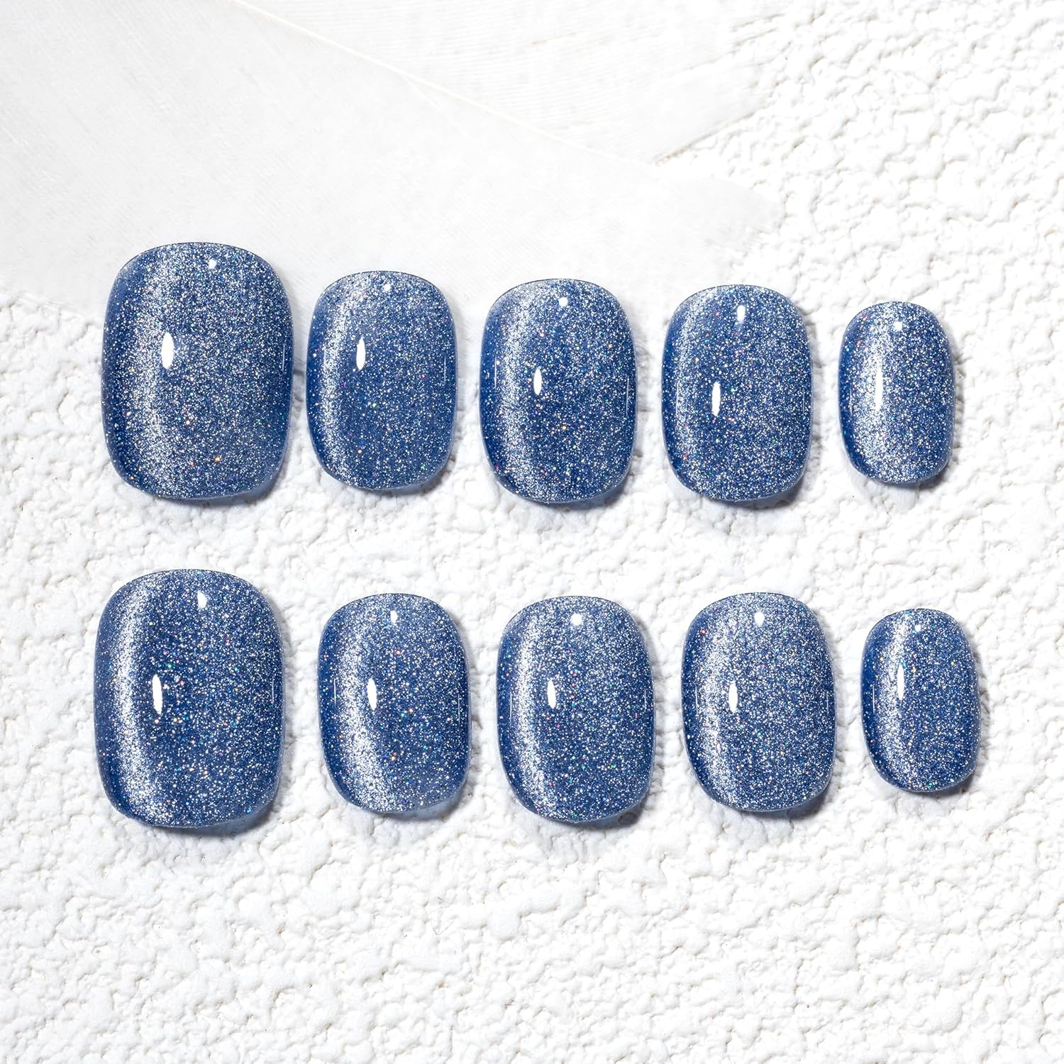 Sun&Beam Nails Handmade Press-On Short Squoval round Blue Magnet Solid Color Minimalist Design Fashion False Nail Tips 10 Pcs Set (#242 L) image number 3