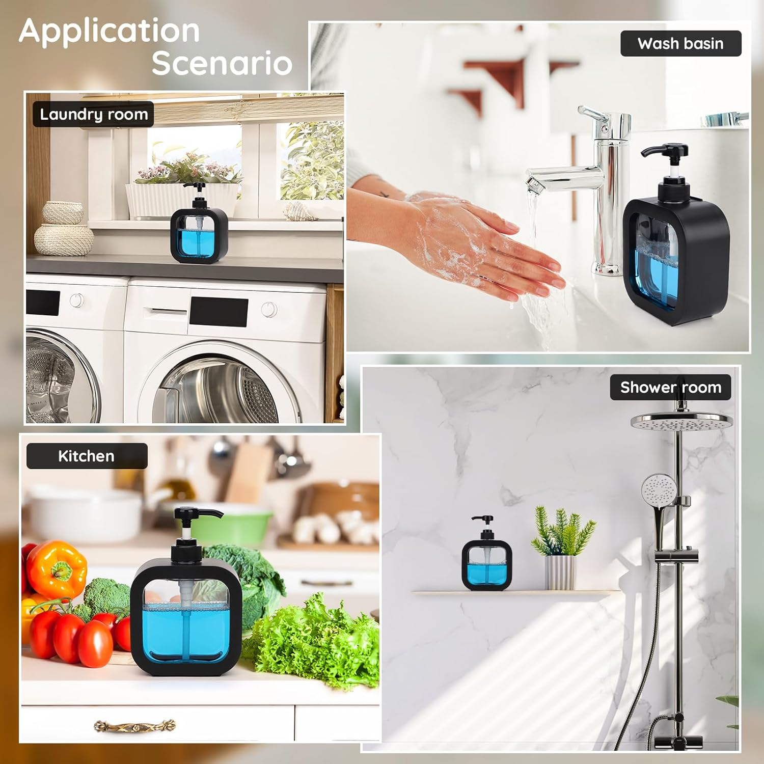 Segbeauty 16.9Oz Refillable Hand Soap Dispenser,Pack of 4 Leak-Proof Bathroom Hand Soap Dispensers,500Ml Dish Soap Dispenser for Kitchen Sink,Black Plastic Soap Dispenser with Pump and Labels