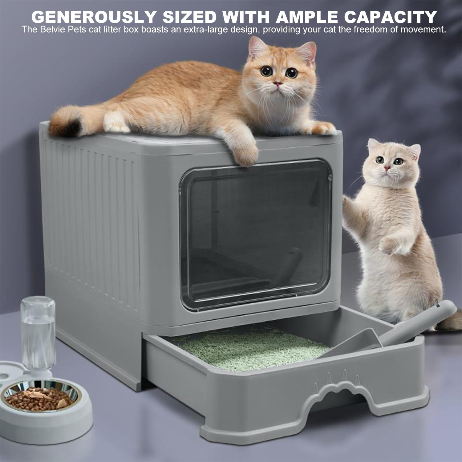 Extra Large Cat Litter Box, 50X40X40Cm Cat Litter Box Front Entry with Lid Fully Enclosed, Drawer Design and Cat Teaser for Easy Cleaning and Convenience (Grey, L) image number 3