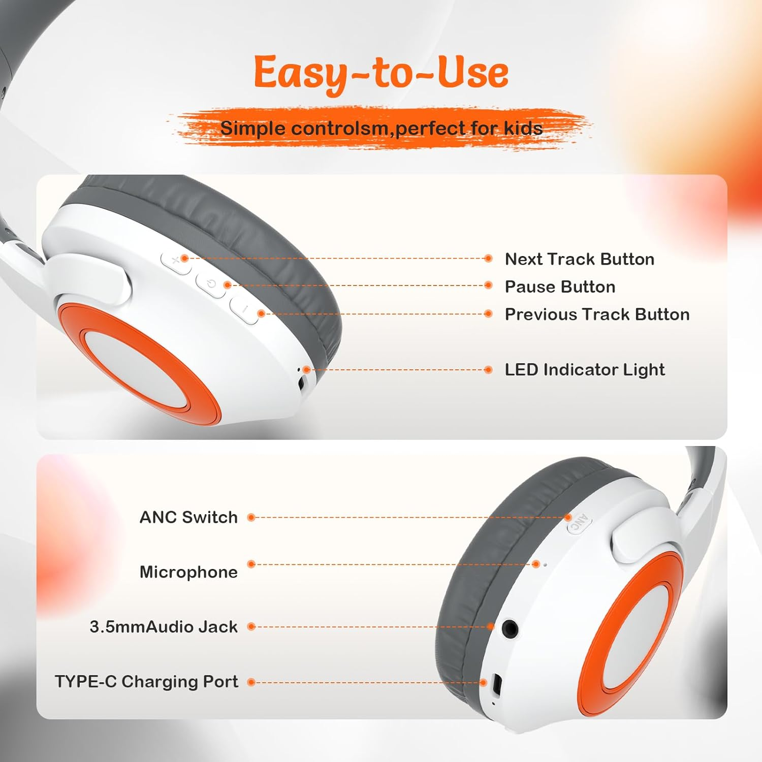 TONOSHARK Kids Headphones Wireless Lightweight, Active Noise Cancelling Headphones for Kids, 60H Playtime, Bluetooth Over-Ear Headset for Home/School/Travel - Includes Portable Case (White) image number 4