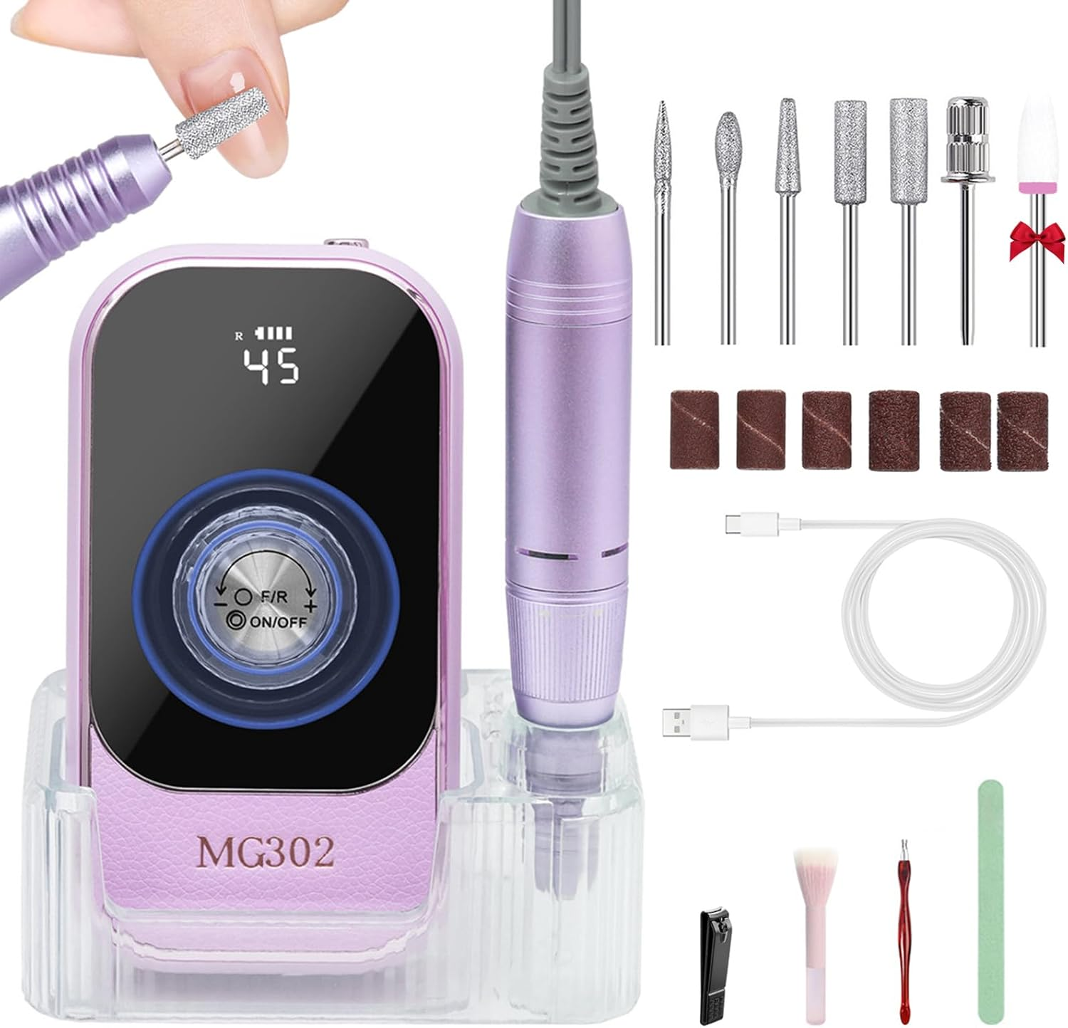 Professional Electric Nail Drill File, 45000RPM Rechargeable Cordless Nail Drill Kit Portable with 7 Bits & Base, HD Display, Low Noise for Shaping, Manicure, for Salon, Home Use (Purple) image number 5