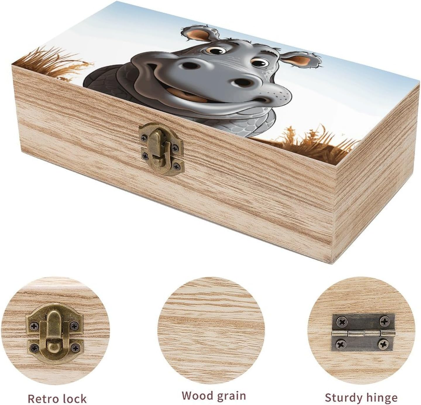Cartoon Hippo Wooden Box Wood Wedding Keepsake Boxes with Lids Small Decorative Boxes Lightweight Wooden Memory Storage Box for Crafts Keepsakes Jewelry Photo Letter Storage