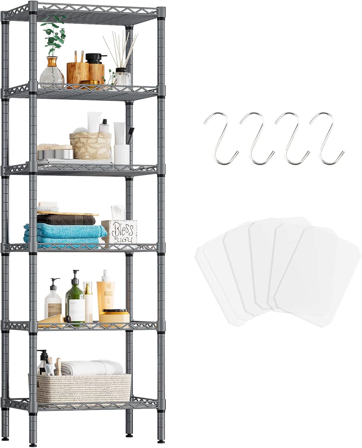 6-Tier Storage Shelves Standing Shelving Metal Units, Adjustable Height Wire Shelf Display Rack for Pantry Laundry Bathroom Kitchen (White)