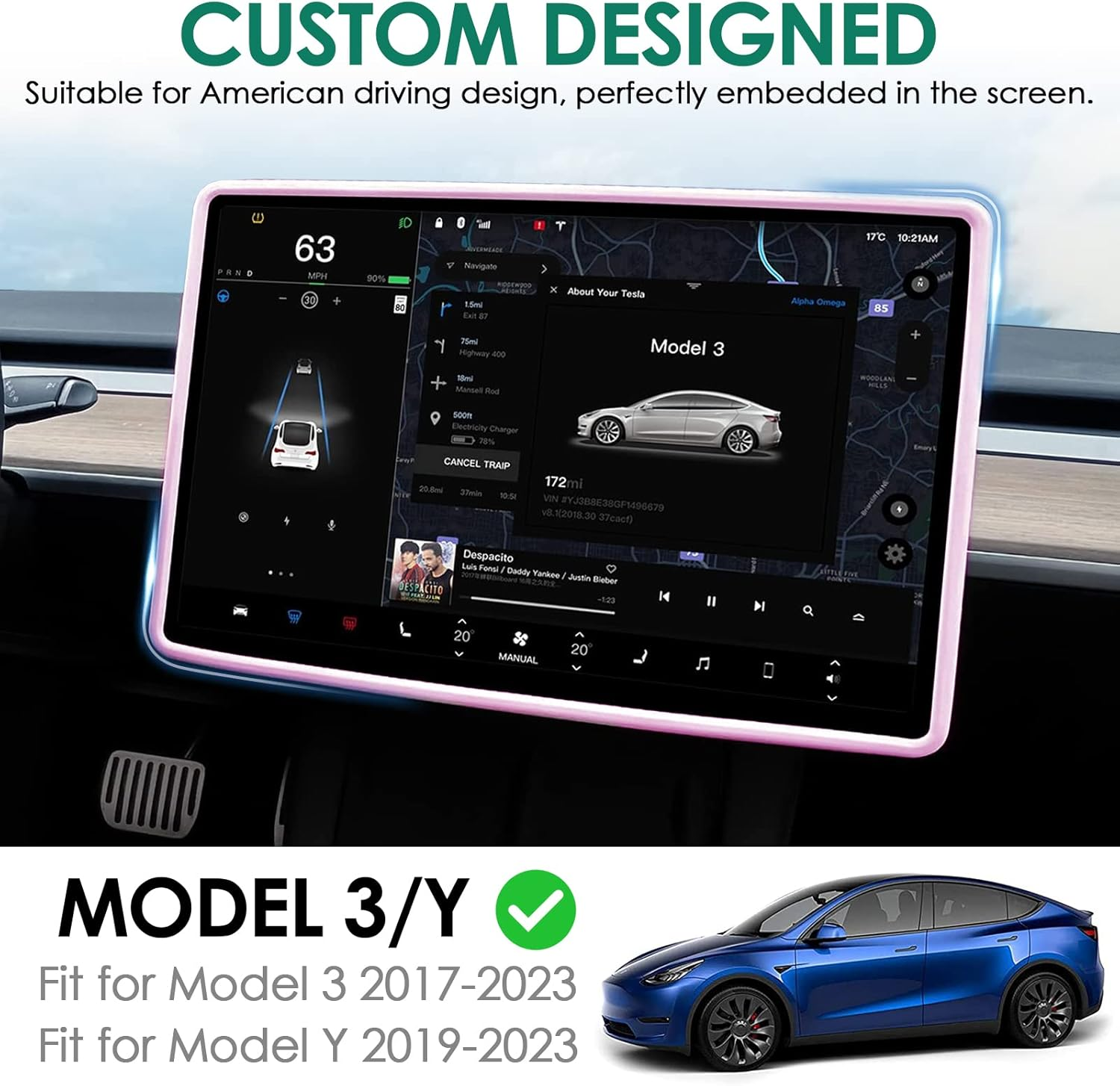 Screen Protector Frame Compatible with Tesla Model 3 Model Y 2024 2023 2022 2021 2020 2019 Screen Edge Protector Cover Center Console Decoration Interior Accessories (Pink) image number 3