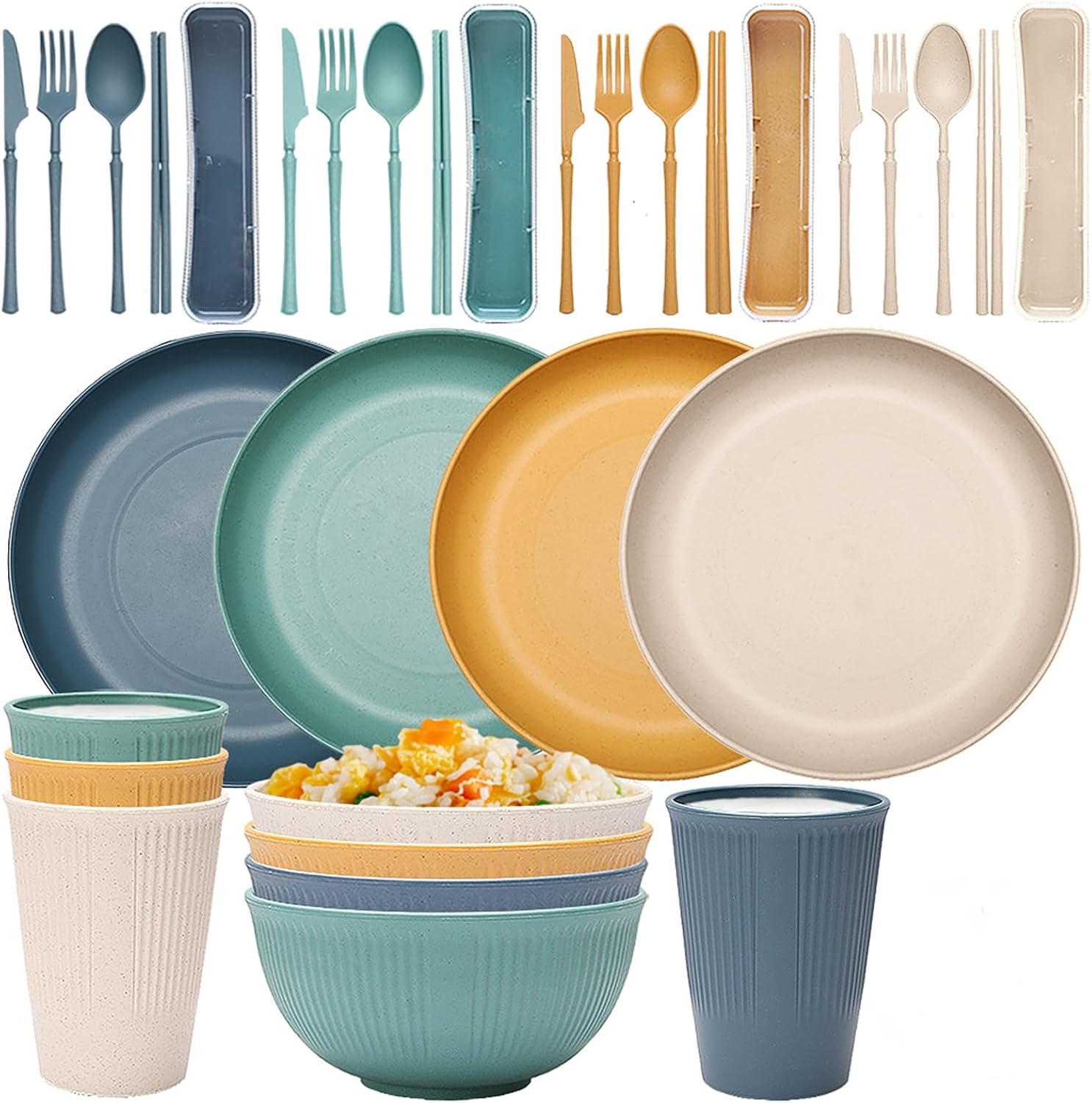 32 Pieces Wheat Straw Dinnerware Sets, Reusable Unbreakable Dinnerware Set, Plastic Dinnerware Sets, Picnic Camping Dinner Sets, Lightweight Camping Plates Cups and Bowls Set for Dorm Kitchen