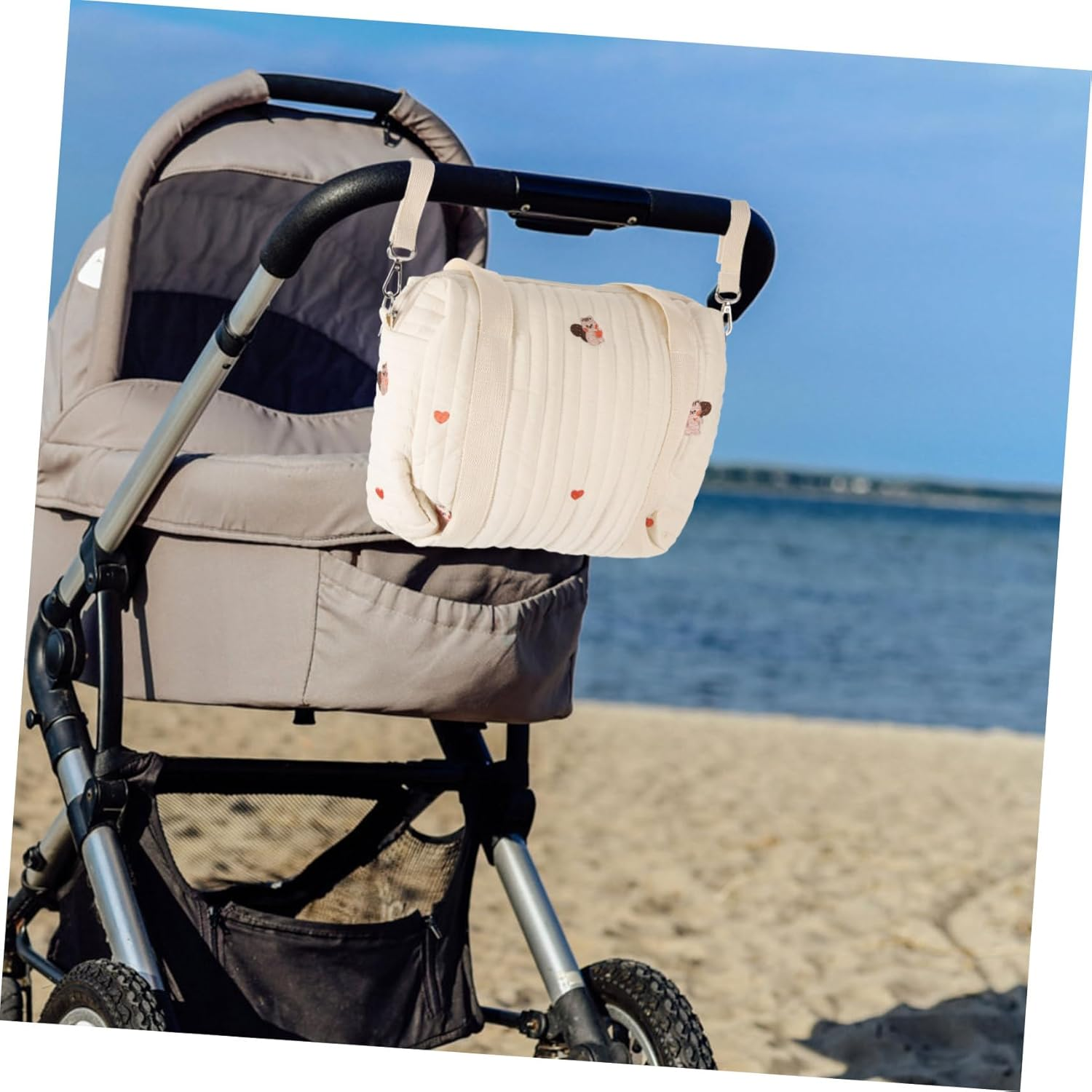 Embroidered Cotton Diaper Bag Stroller Diaper Tote for Moms Medium Size Squirrel Design Baby Storage Bag Travel Compact Double Strap image number 5