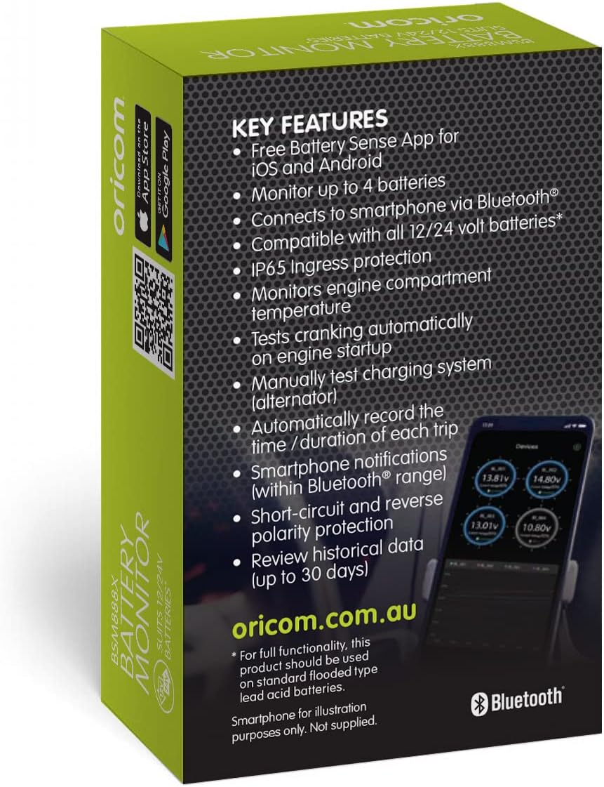 Oricom BSM888X 12V/24V Battery Sense Monitor - Battery Sense App, Smartphone, 12/24 Volt Batteries, IP65 Ingress Protection, Short-Circuit and Reverse Polarity Protection, Car image number 2
