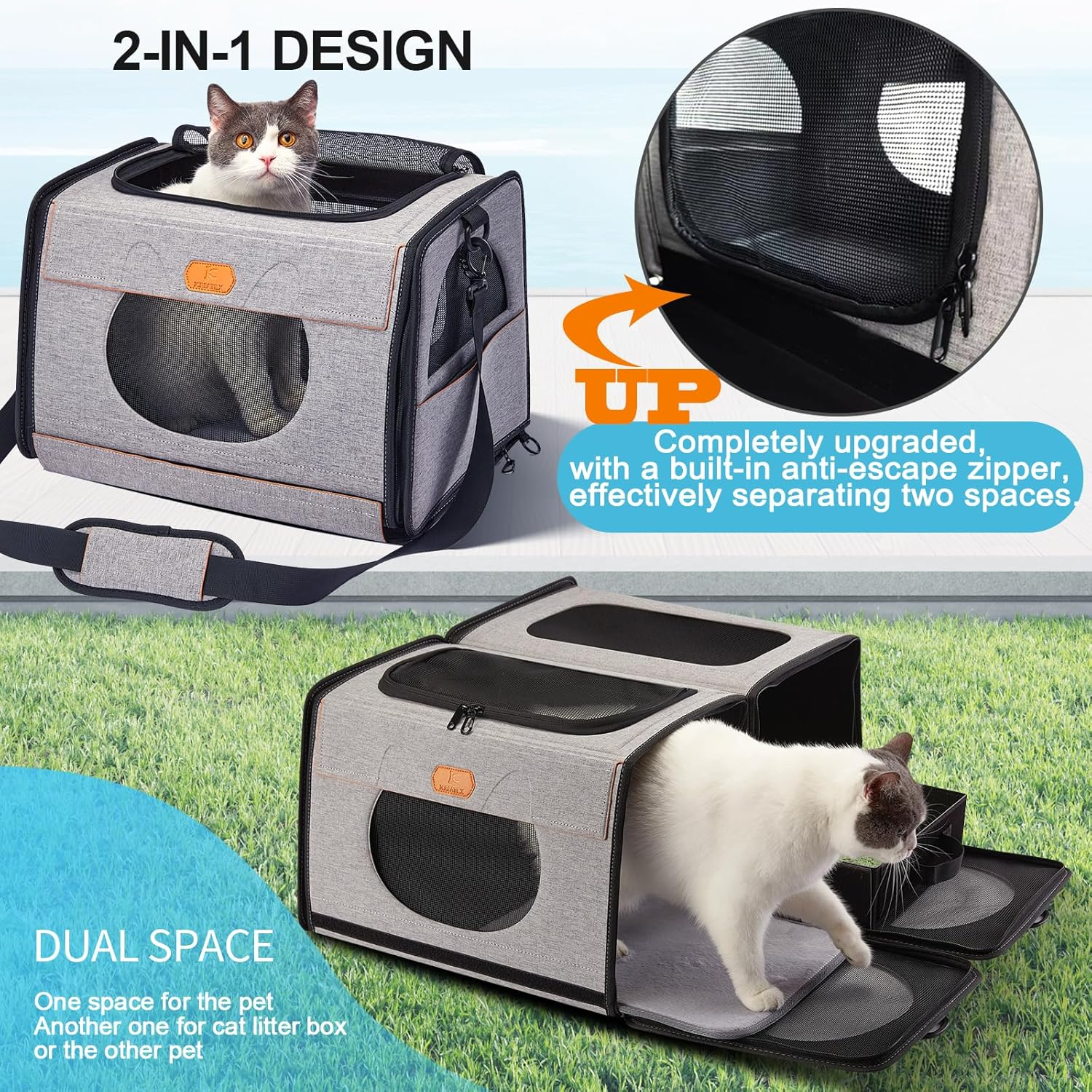 IC ICREATE.X Large Cat Carrier with Litter Box for Car Travel, Pet Carrier Bag 2-In-1，Double Cat Travel Transport Carrier for Long Distance, Collapsible Dog Crate, Cat Bag for Kitten 2 Cats image number 4