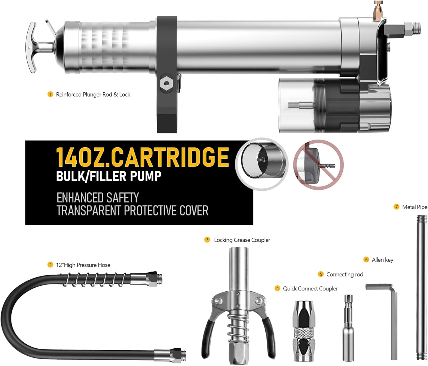 Electric Grease Gun Drill Adapter with 14 OZ Load, Locking Grease Gun Coupler, 12 Inch High Pressure Hose, Extension Rigid Pipe, Pneumatic Tool, Universal Conversion Gun Head image number 3