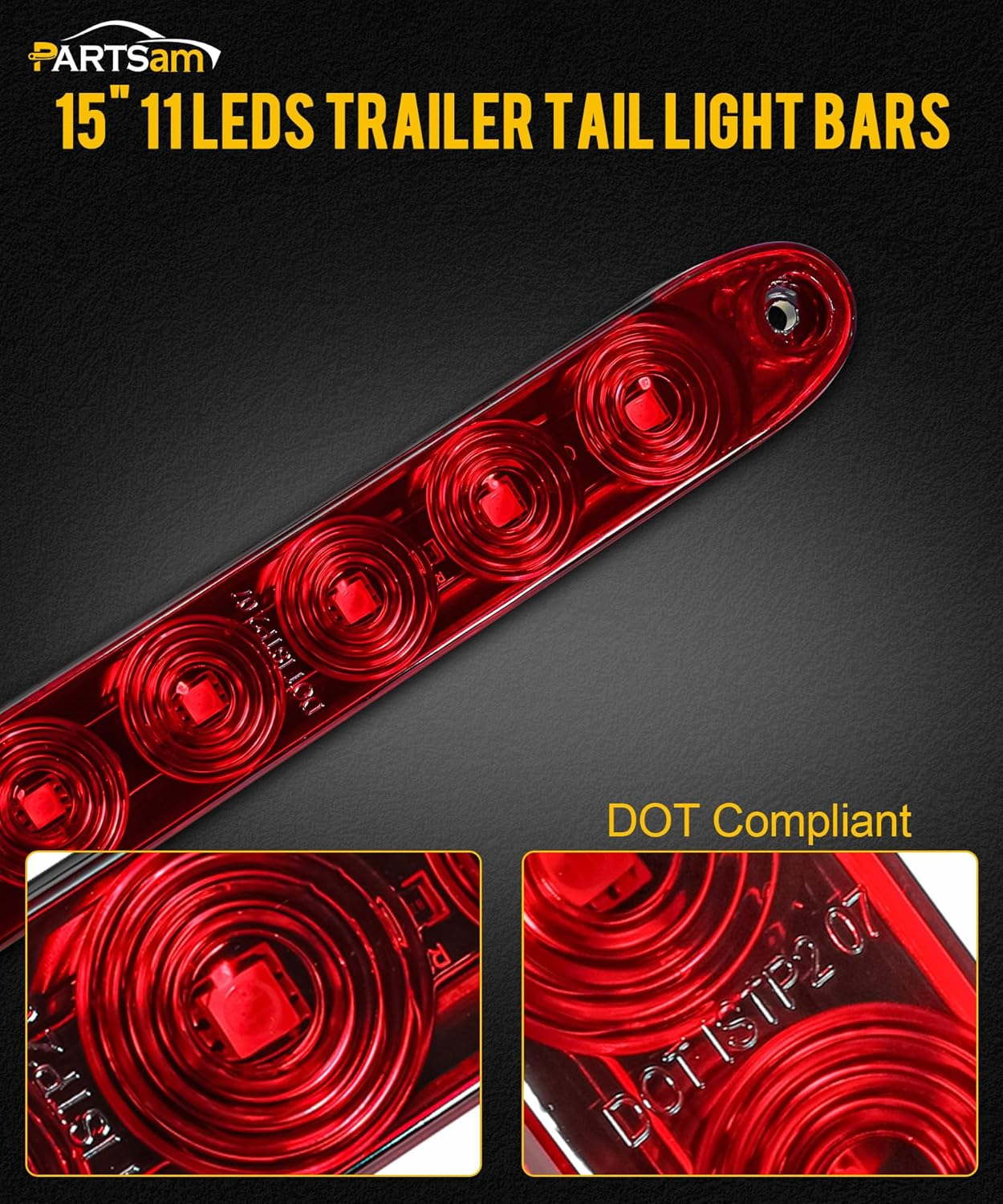 Partsam 4Pcs Red 15" Inch Sealed 11 LED Third Brake Light Bar Stop Turn Signal Tail 3Rd Brake Light ID Bar Truck Trailer RV Camper Waterproof DOT Compliant image number 1