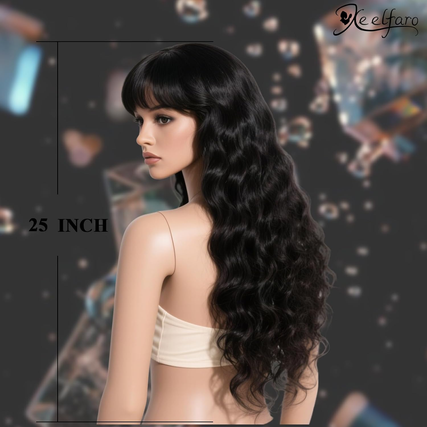 Xeelfaro Black Wavy Long Wig for Women Full Head with Natural Bang & Textured Curls, Soft 25Inch Wig for Everyday Styling Special Moments (Black, 25Inch) image number 6