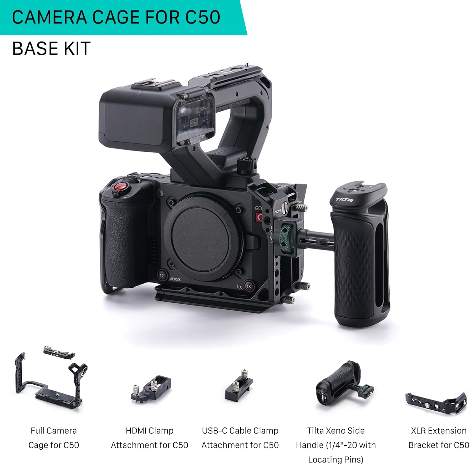 Tilta Camera Cage Base Kit Compatible with Canon C50 Camera | Modular Full/Half Cage Design | Arca Bottom Plate, NATO Rail, Cold Shoe | Multiple Mounting Threads | Xeno Side Handle | Black image number 1