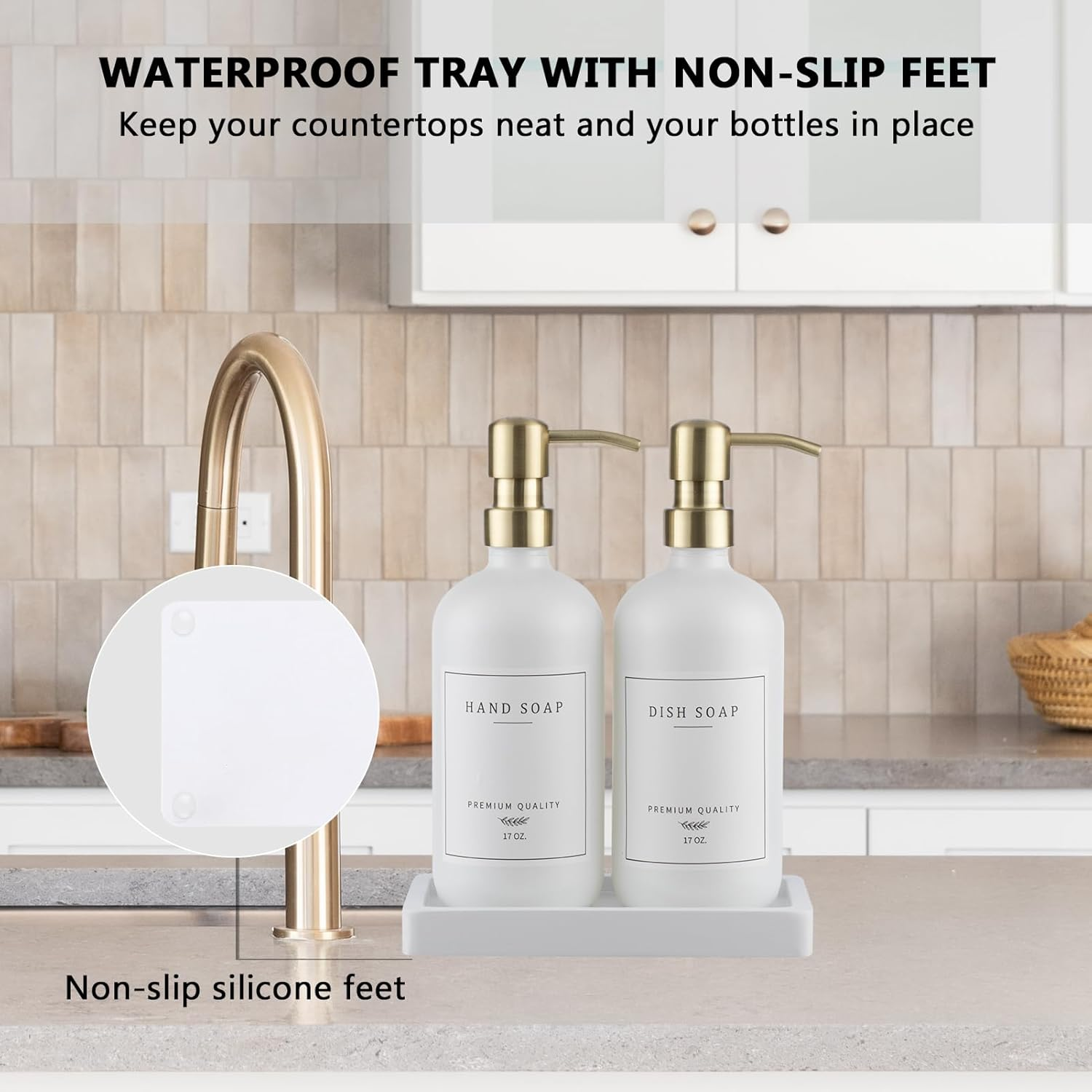 Thick Glass Soap Dispenser - Kitchen Dish Hand Soap Dispenser Set,Rustproof Pump Soap Lotion Dispenser Bathroom with Tray,14 Stickers for Kitchen Decor White Bottle/Gold Pump - Amber Bottle/Black Pump + Tray + Funnel image number 7