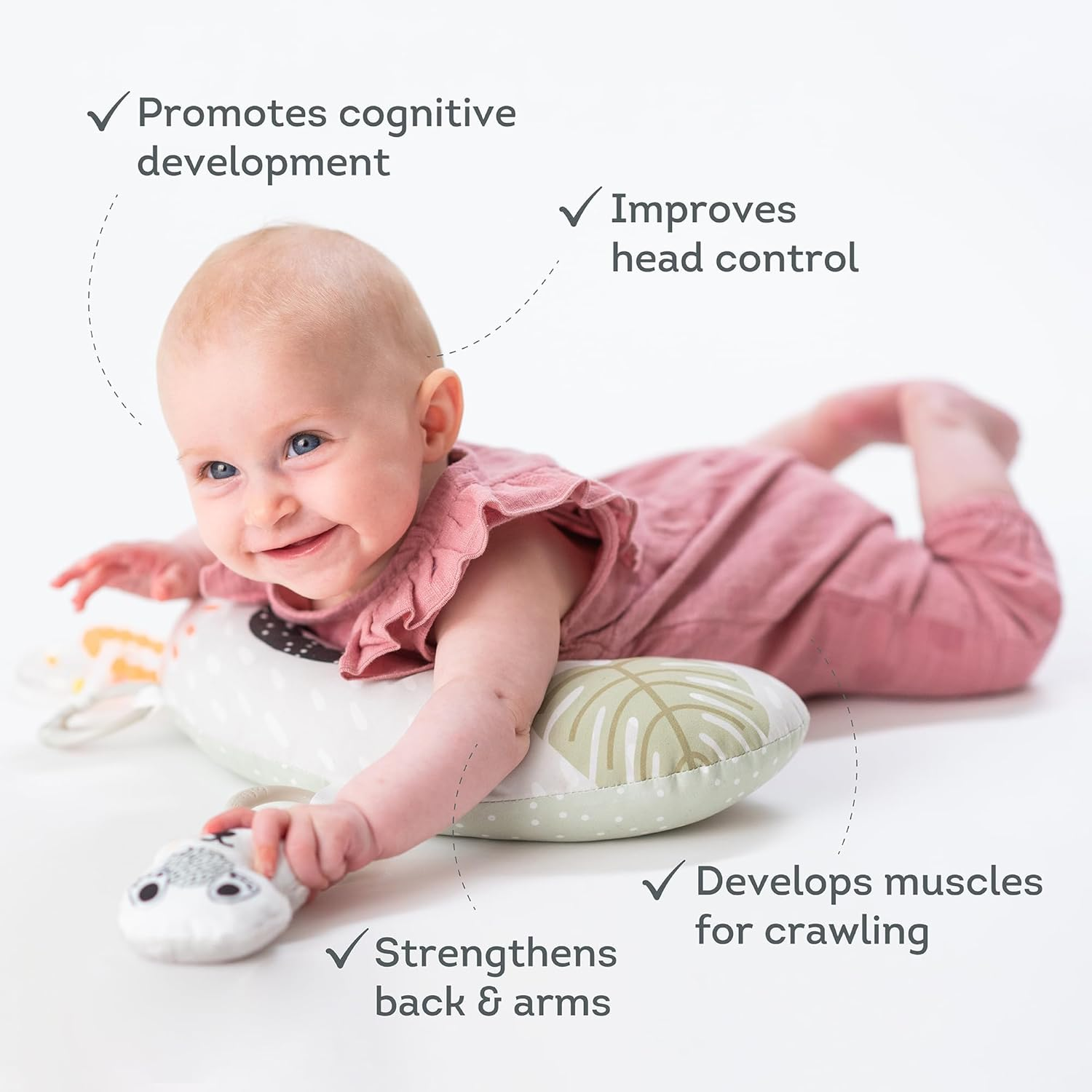 Taf Toys Ergonomic Tummy Time Pillow with Teether and Rattle - Soft and Supportive Baby Prop Pillow for Enhanced Motor Skills Development image number 2