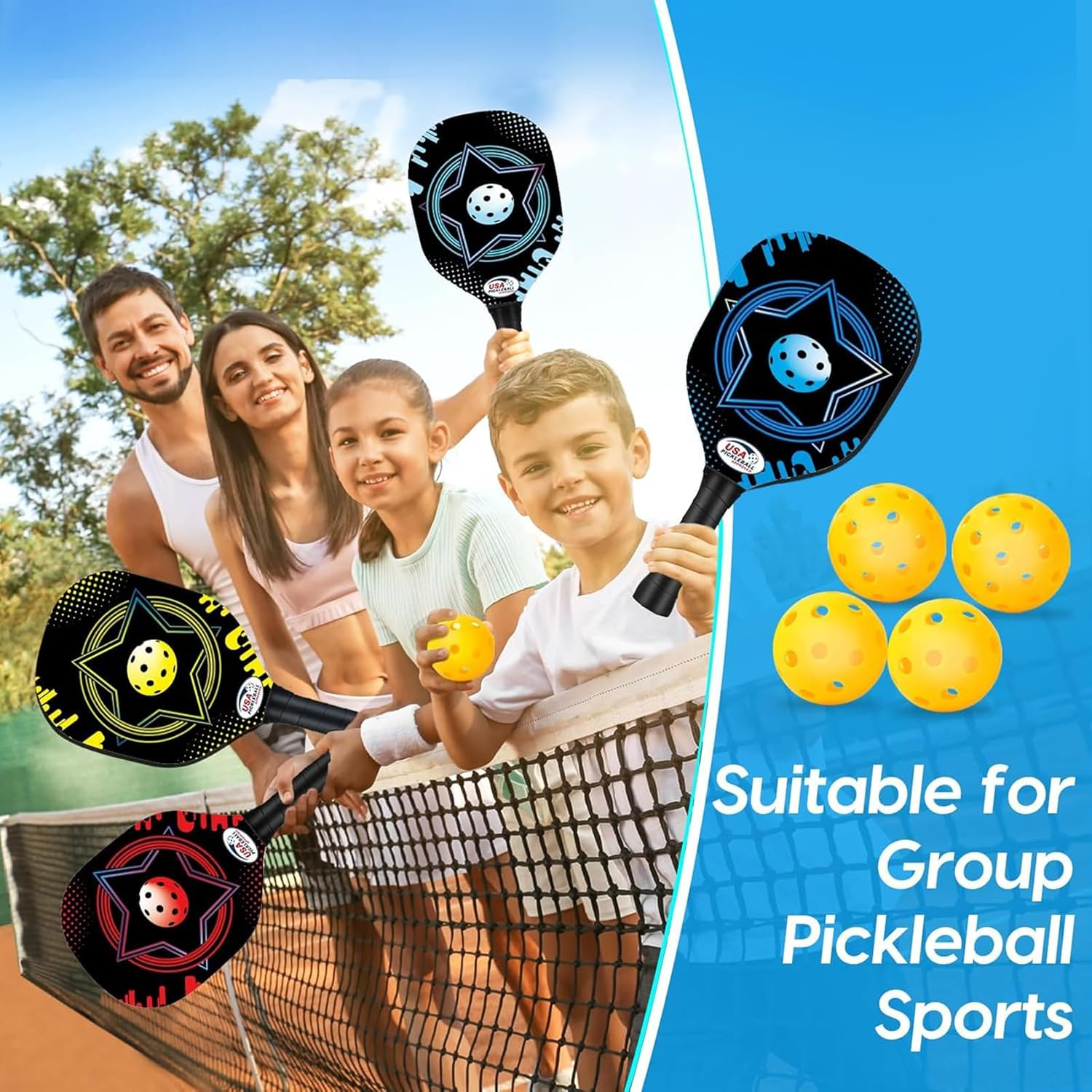 Pickleball Set with 4 Premium Wood Paddles, Cushion Comfort Grip, 4 Cooling Towels, 4 Pickleball Balls & Carry Bag, Gifts for Men Women image number 4