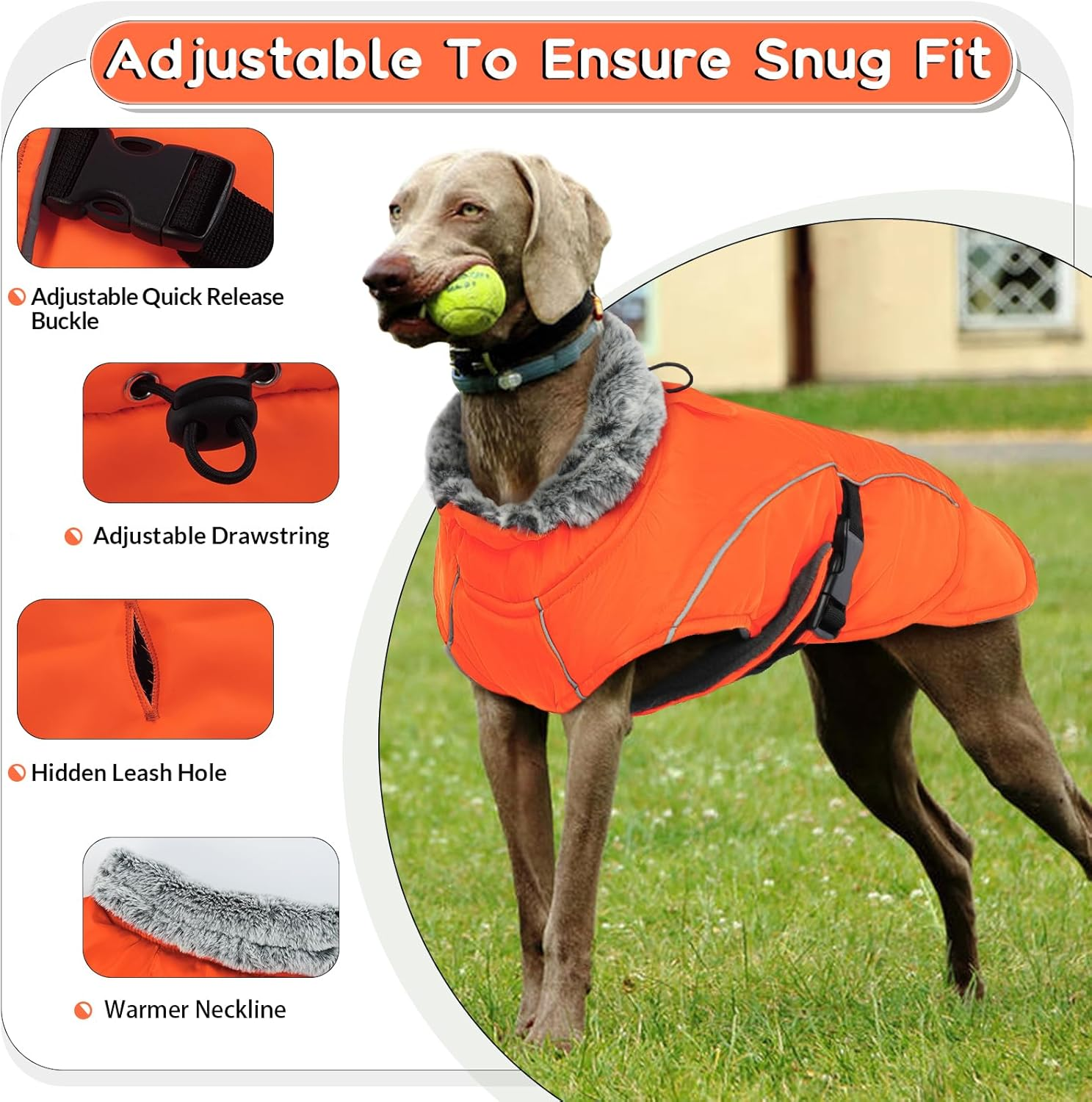 Dog Jacket, Waterproof, Dog Coat, Fleece Lined Warm Dog Vest, Winter Jacket, Dog Clothing, Windproof Coats with Reflective Strips for Winter (Orange, M) image number 2