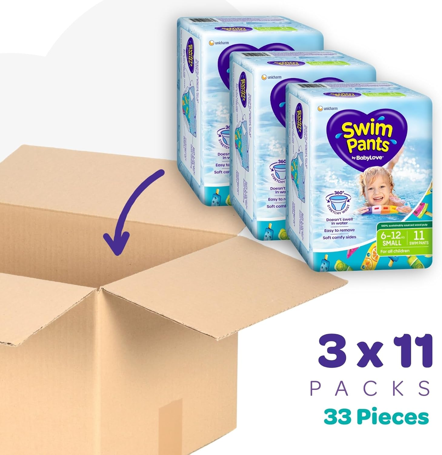 Babylove Swim Pants Small (6-12Kg) 33 Piece (3 X 11 Pack) image number 1