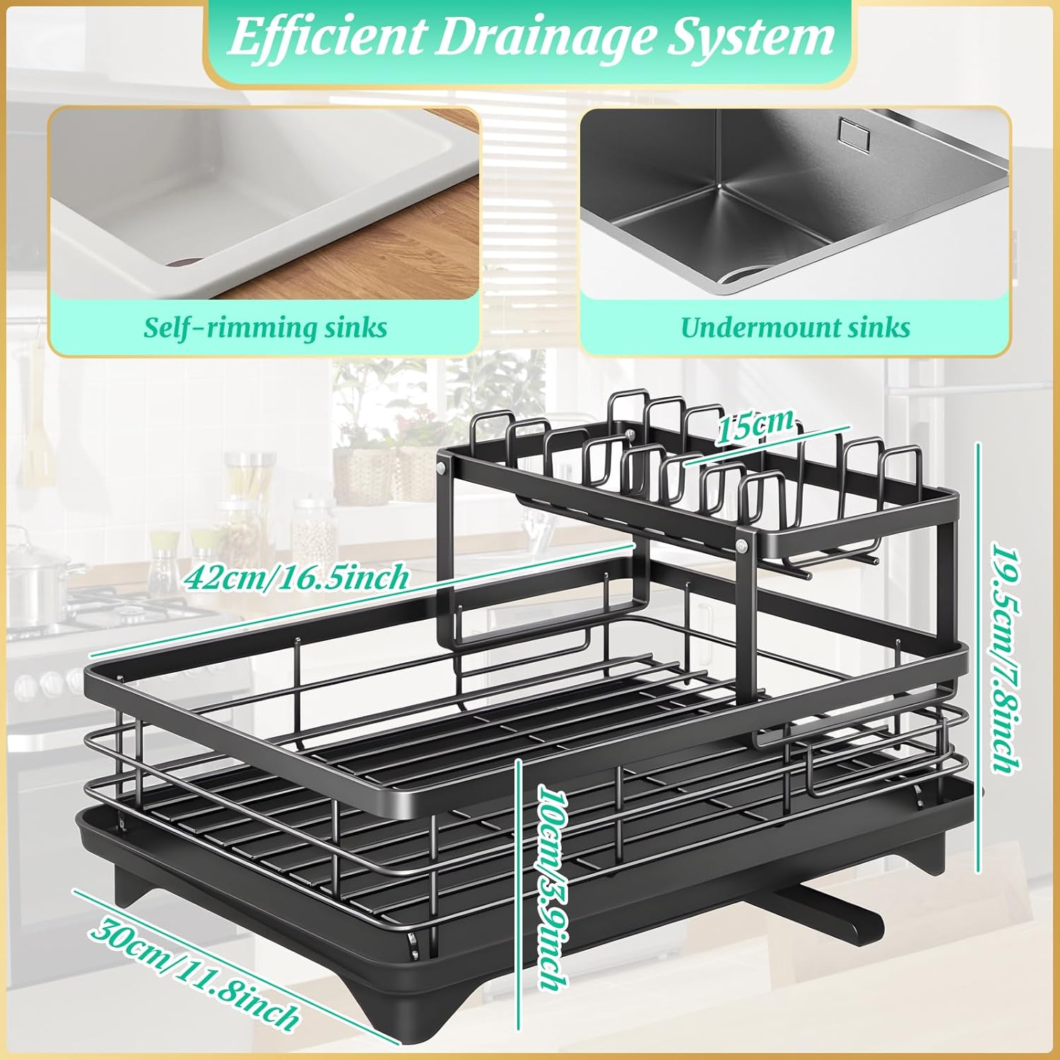 Micomlan Dish Drying Rack - 2 Tier Dish Racks for Kitchen Counter, Large Carbon Steel Dish Drainer Rack with Drainboard Set, Detachable Utensil Holder for Kitchen Storage & Organisation, Black image number 1