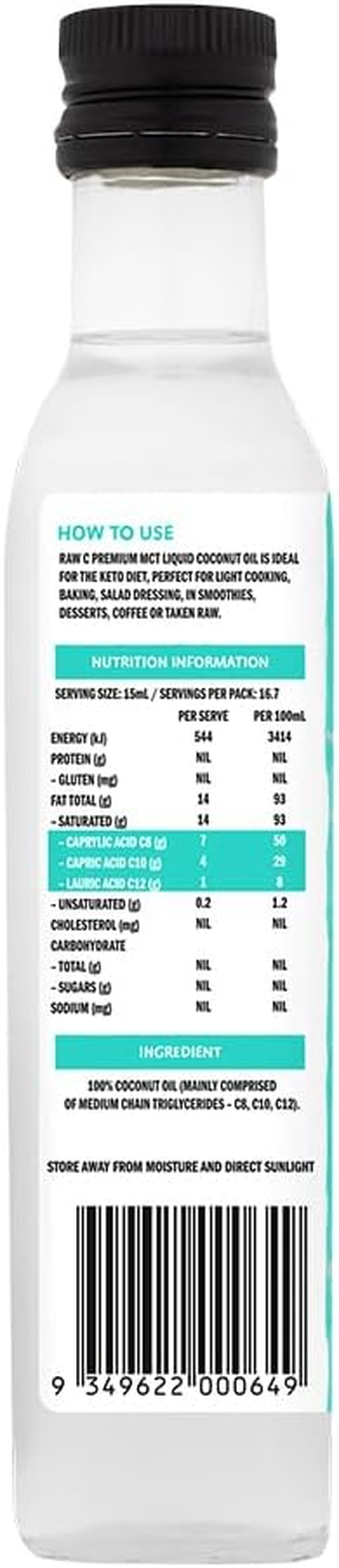 Raw C MCT Premium Liquid Coconut Oil 250 Ml image number 4