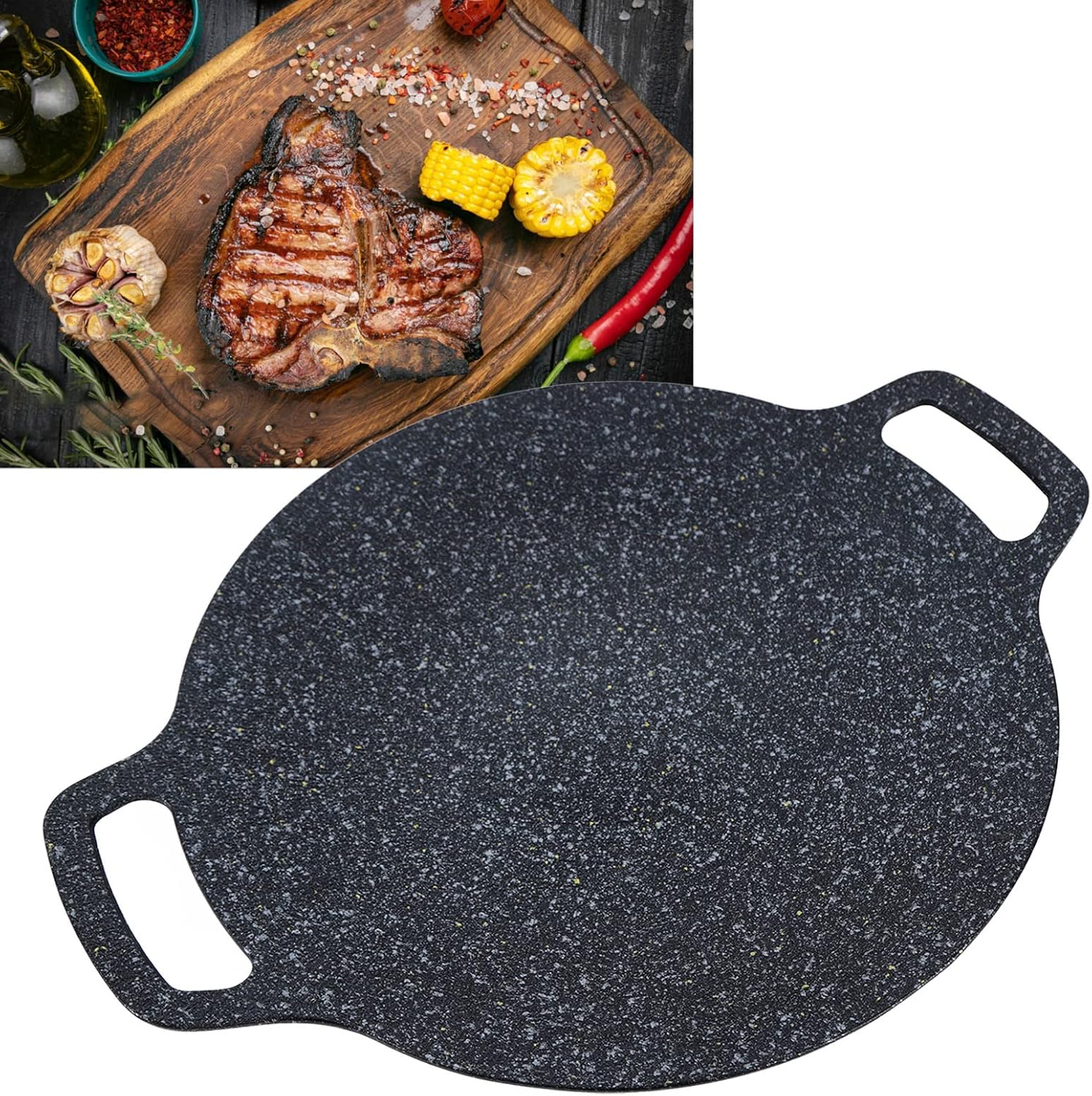 Aluminum round Griddle Grill Pan, Medical Stone Coating Easy to Clean Reusable Korean Grill Pan Nonstick with Food Clip for Outdoor (38Cm) image number 6