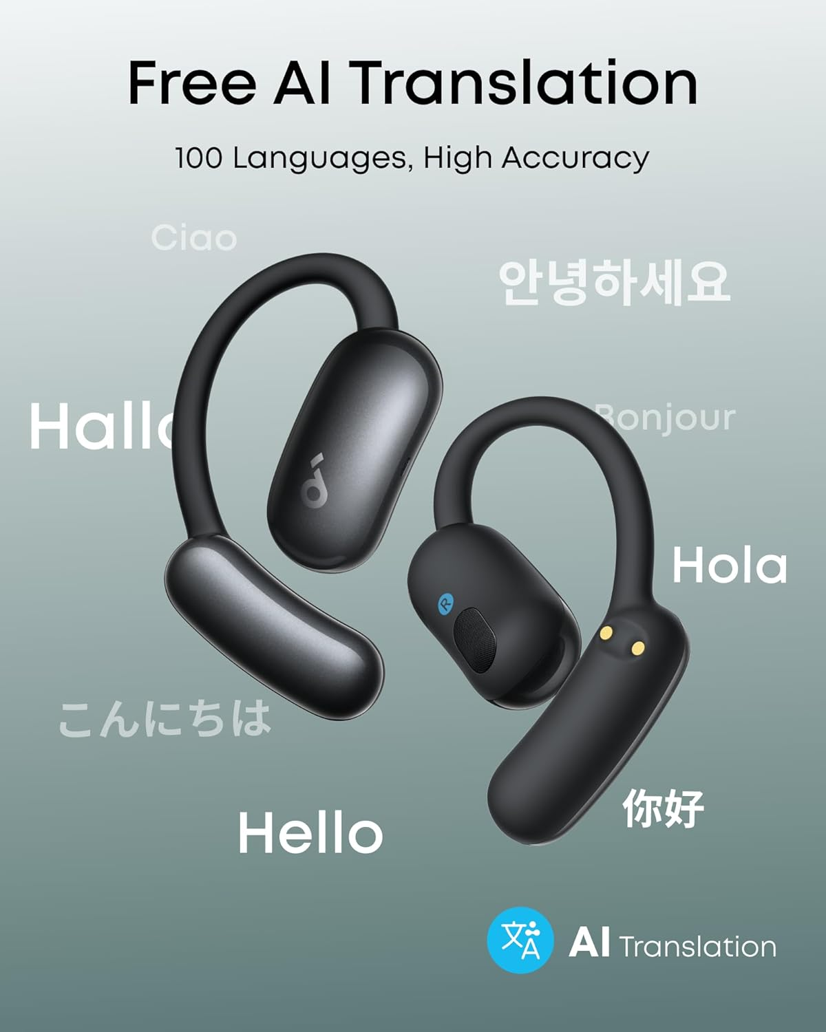 Soundcore Aerofit 2 AI Assistant Open-Ear Headphones by Anker, Pressure-Free Fit, 2X Richer Bass, Real-Time Translation Earbuds, Hi-Res, 35H Playtime, IP55 - Black image number 3