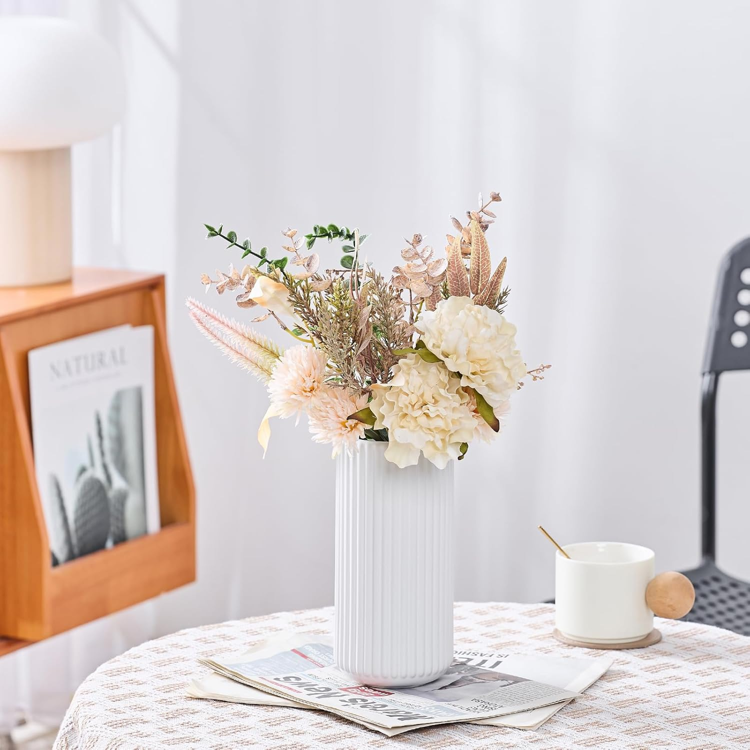 White Ceramic Flower Vase for Pampas Grass, 8 Inch Small Decorative Centerpiece Ribbed Vase for Dining Table, Office Desktop, Shelf Bookshelf, Mantel, Entryway, Bathroom, Countertop, Farmhouse, Gift image number 2