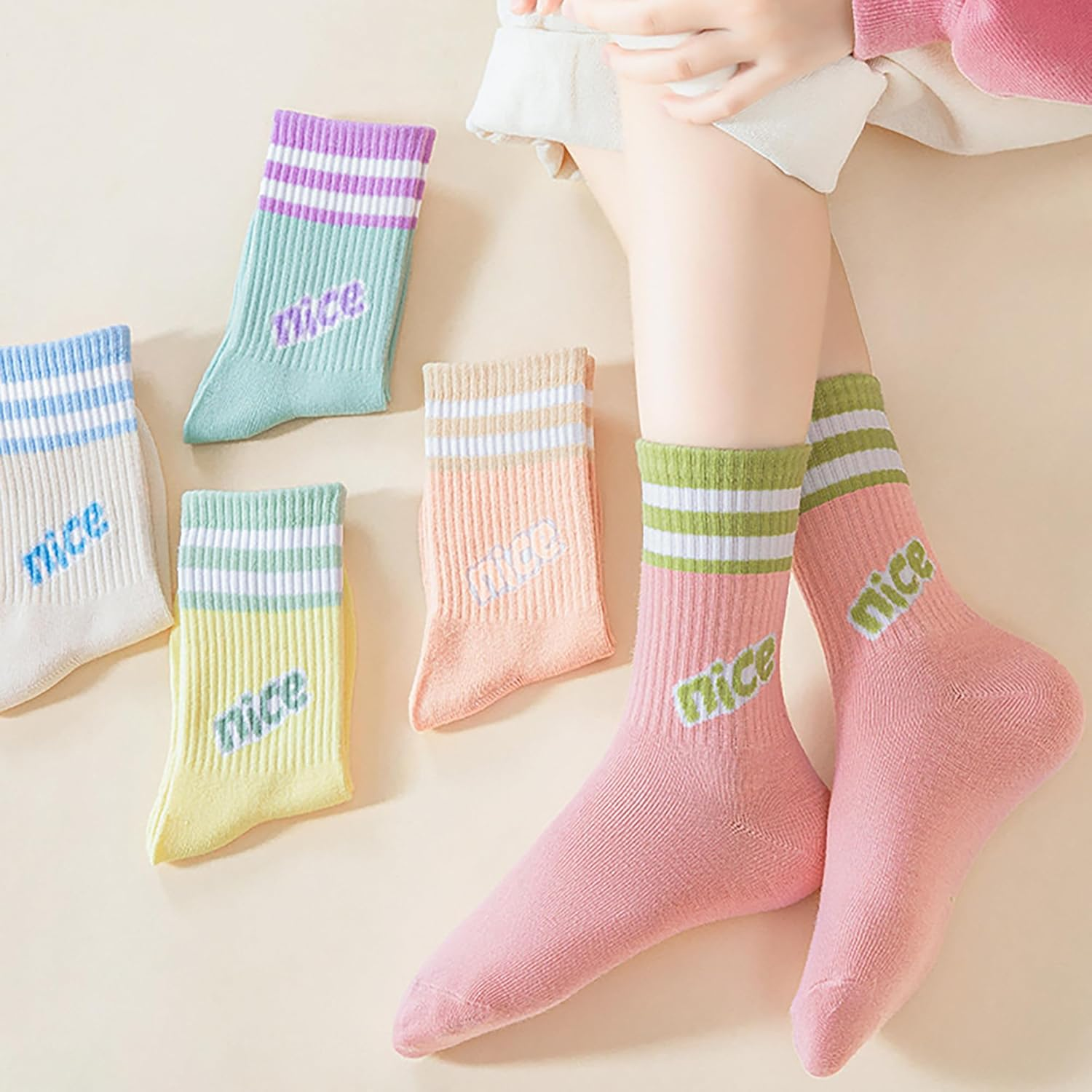 Zzxlw Girls' Socks Colourful Knitted Athletic Fashion White Double Stripes Socks 10 Pairs Soft & Elastic for Children Dopamine Colour Block Design 3-12 Years image number 3