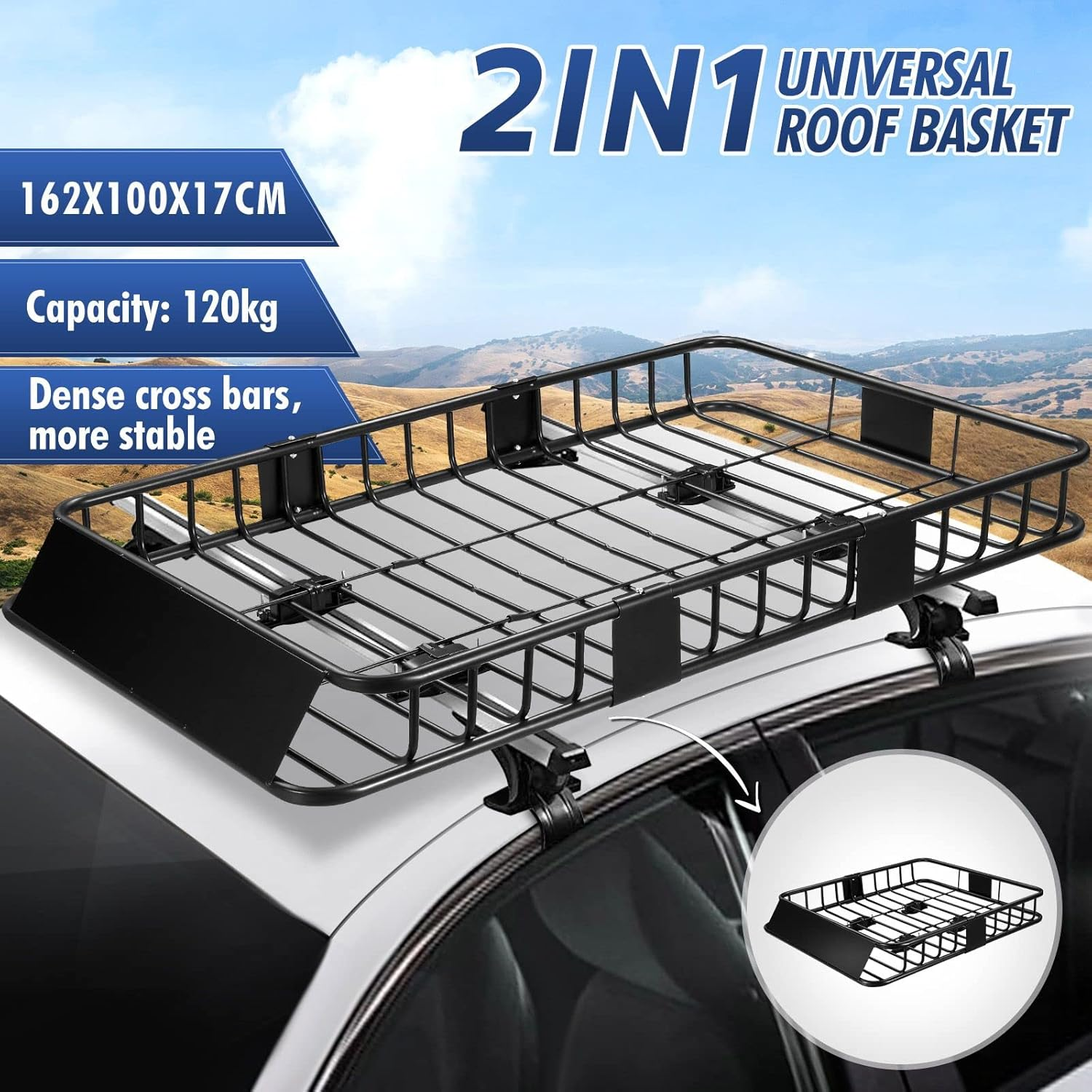 SHOGUN 2 in 1 Universal Roof Rack Cargo with Extension Car Top Luggage Holder Carrier Basket for SUV, Truck & Car Heavy Duty Steel Construction 120KG Capacity image number 2