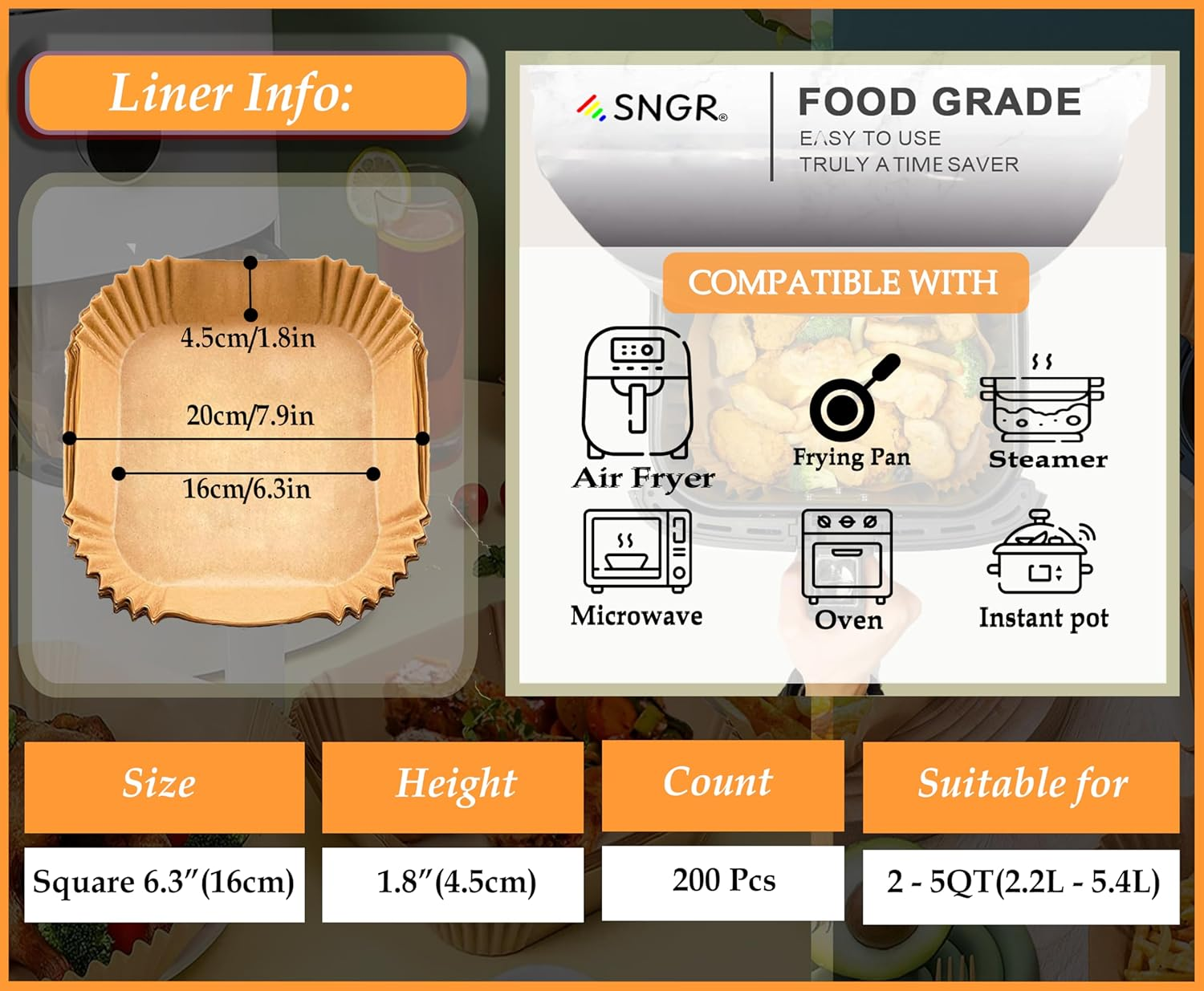 Premium 6.3Inch Square Air Fryer Liners, [200Pcs/Pack] Disposable Air Fryer Paper, Food Grade Baking Tray for 2-5QT Air Fryers - Air Fryer Accessories. image number 3