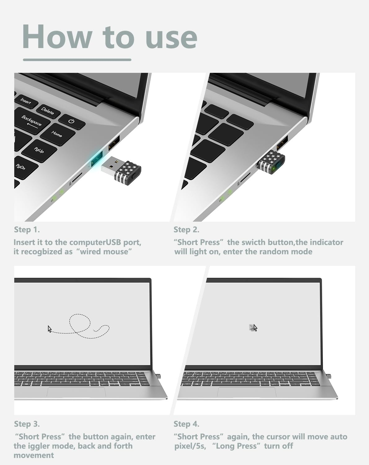 Geyes Mouse Jiggler Undetectable,Mouse Mover Device Has Two Swing Modes Jiggle and Multi-Track,Keeps for Macbook Computer Laptop Awake, Driver-Free, Plug-Play，With Switch,Metal Black - Silver image number 4