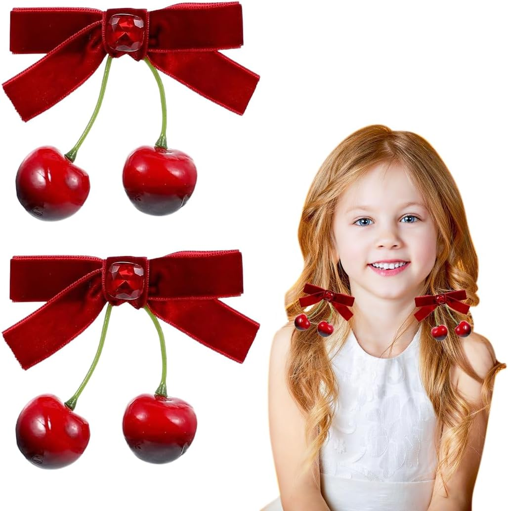 Bow Hair Clips, 1 Pair Cherry Hairpin Hair Clip Hair Bows Girls Non-Slip Alligator Hair Clips Hair Accessories for Christmas Wedding Birthday image number 2