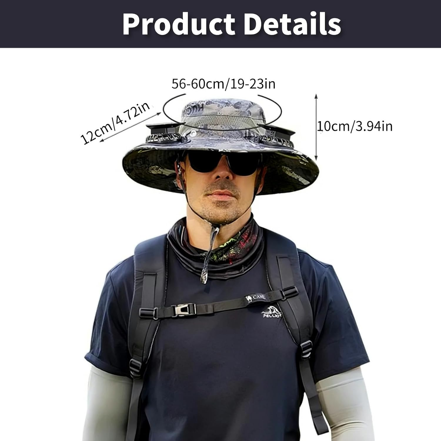 Solar Fan Hat, Outdoor Wide Brim Sun Hat with Dual Cooling Fans UPF50+ Sun Protection 3-Speed Adjustable Airflow, Solar & USB Charging for Fishing, Camping - Black image number 4