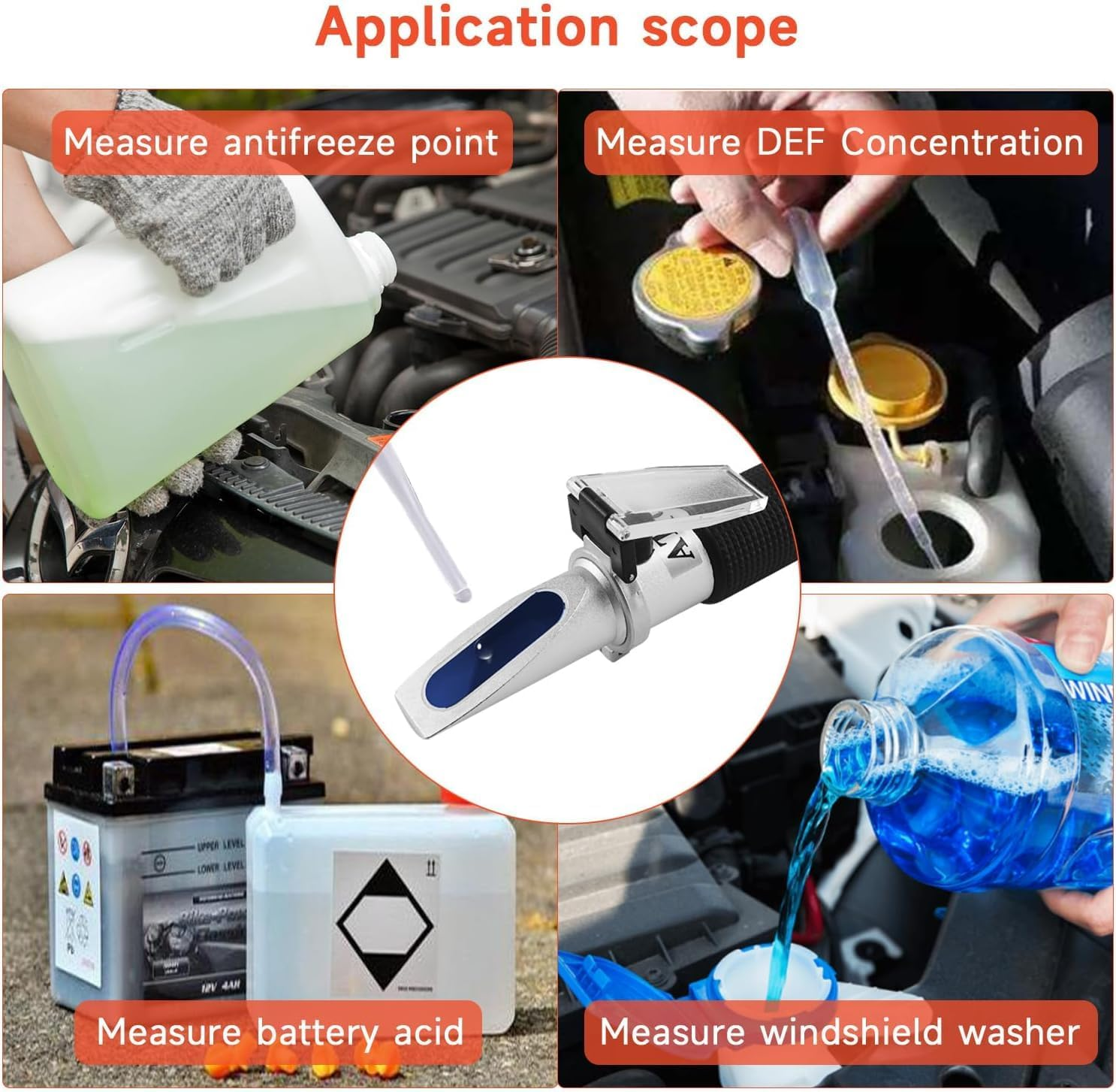 QUMOX 4-In-1 Coolant Refractometer for Antifreeze, Battery Acid, Diesel Exhaust Fluid & Windshield Washer &ndash; No Battery Needed, ATC Optical Tester with Case for Car Maintenance image number 2