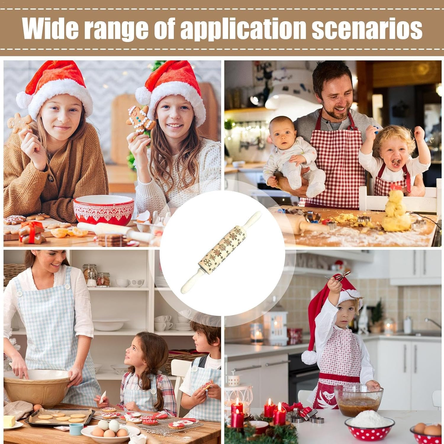 Rolling Pin with Design - Engraved Wooden Christmas Baking Cookie Stamps | Elegant Dough and Clay Roller Kitchen Decor Tools for Bun Pizza Pastries image number 6