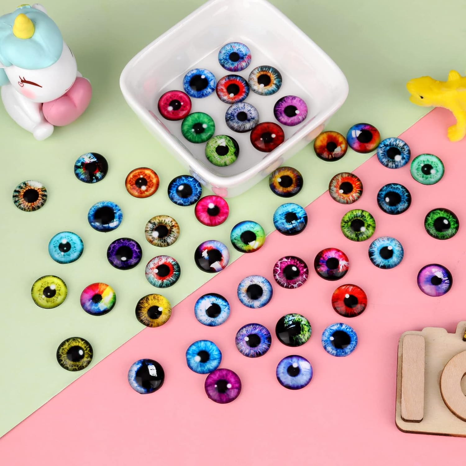 MWOOT Pack of 100 12 Mm Glass Eyes Glass Dragon Eye Kit, Dragon Eyes Glass Cabochon Eyes, 50 Style Animal Eyes Human Glass Doll Eyes for DIY Dolls Scrapbooking Jewellery Creations Halloween Craft Accessories image number 6
