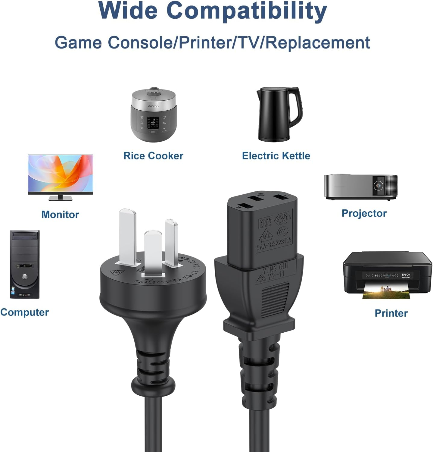 1.5M/5Ft AU Plug 3 Prong Power Cable Cord for Computers, Tvs, Monitors, LG LED LCD Smart 1080P Hdtv,Samsung, Acer, Asus, Epson Printer AC Cable (NEMA 5-15P to IEC 320 C5) 10A 250V image number 4
