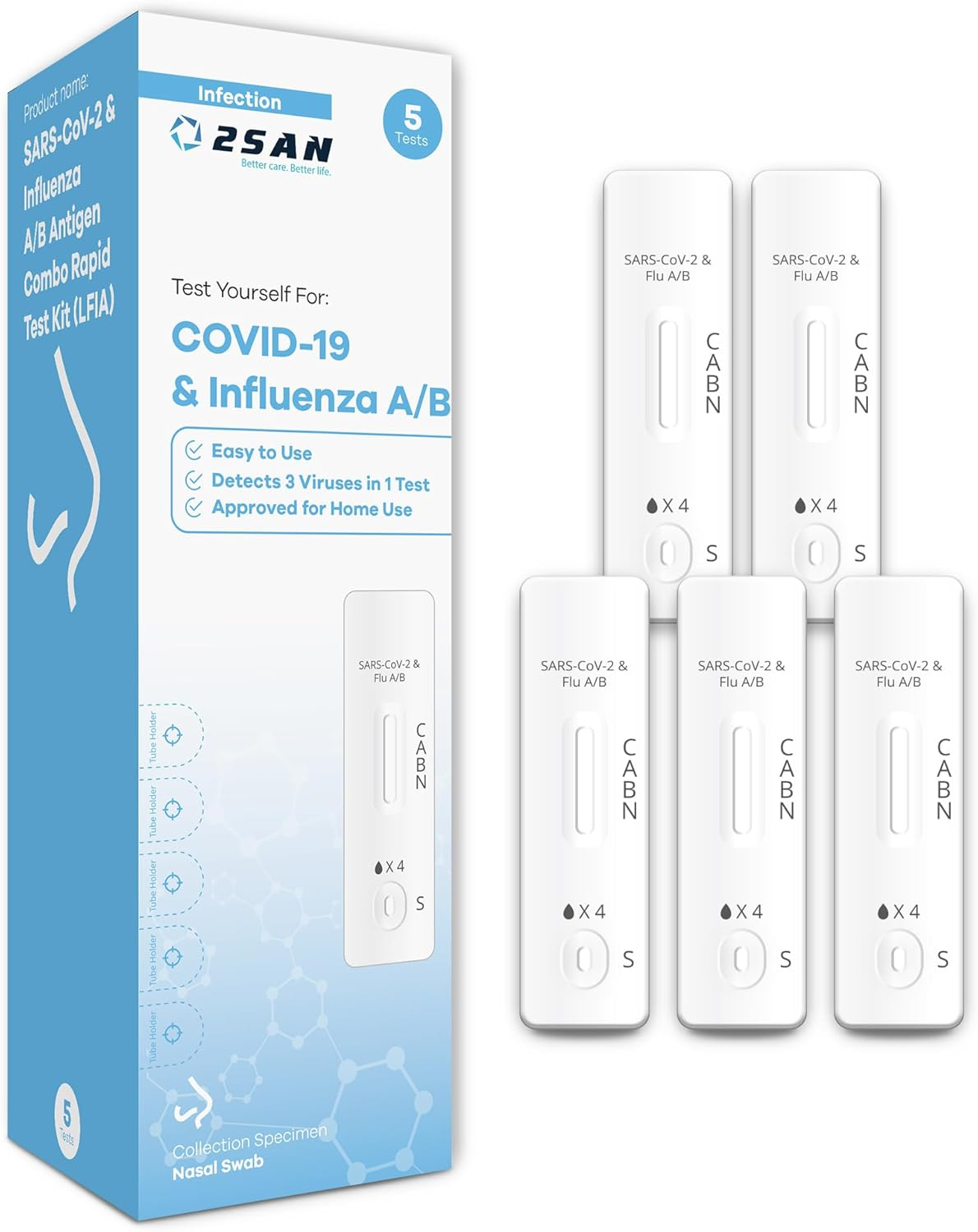 2San COVID-19 & Flu A/B Rapid Test, 15-Min Results, 5-Pack &ndash; Easy At-Home Antigen Test with Accurate Nasal Swab Detection for Reliable Self-Testing image number 2