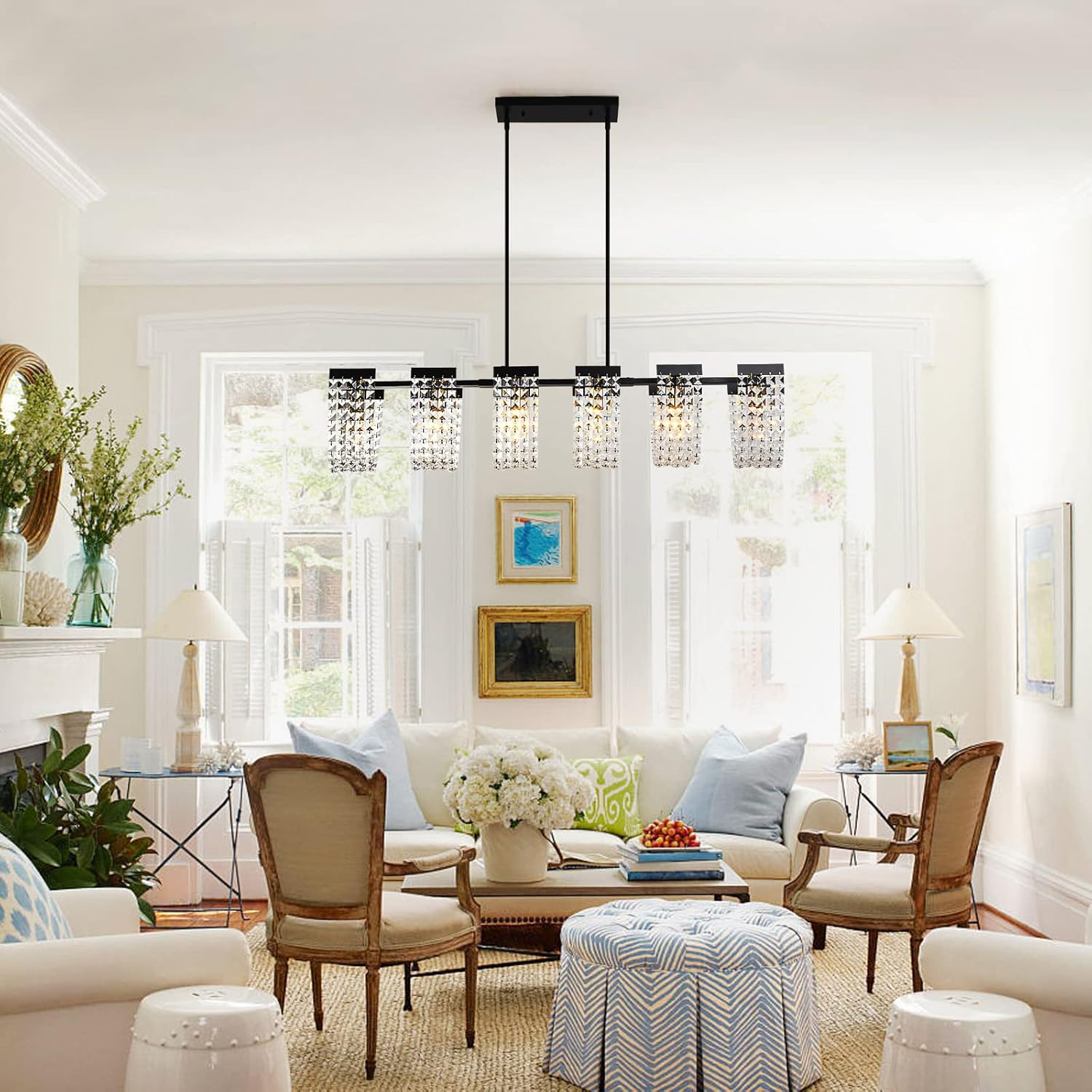 Ganeed 6-Light Kitchen Island Lighting, Farmhouse Crystal Chandelier Vintage Linear Pendant Light Fixture for Dining Room Living Room (E27 Bulbs, Not Included) - 40W/Dimmable image number 3