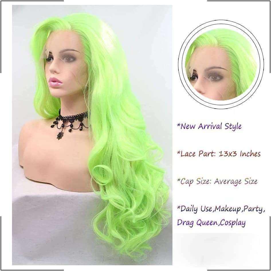Afbeauty Neon Green Synthetic Lace Front Wig Long Body Wavy Fluorescent Green Side Part Wig Heat Resistant Fibre Soft Wigs for Women Cosplay image number 4