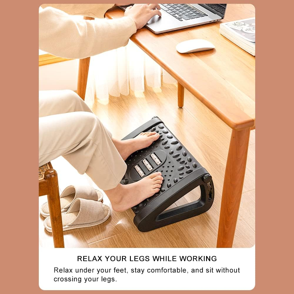 Rest for under Desk at Work, Upgrade Widened Panel Office Footrest, Ergonomic Tilted Foot Stool, 6 Height Adjustable with Massage Surface and Roller for Home Office, All Ages