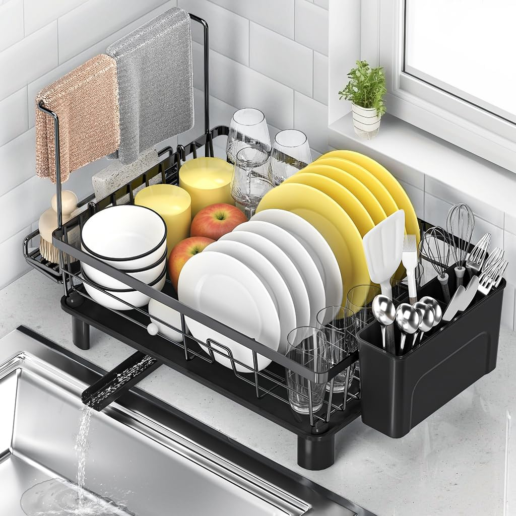 Acemining Dish Rack with Cutlery Holder and Towel Bar, 360&deg; Swivel Drain, Stainless Carbon Steel, Space Saving Kitchen Organizer for Plates, Cups, Cutlery, Black