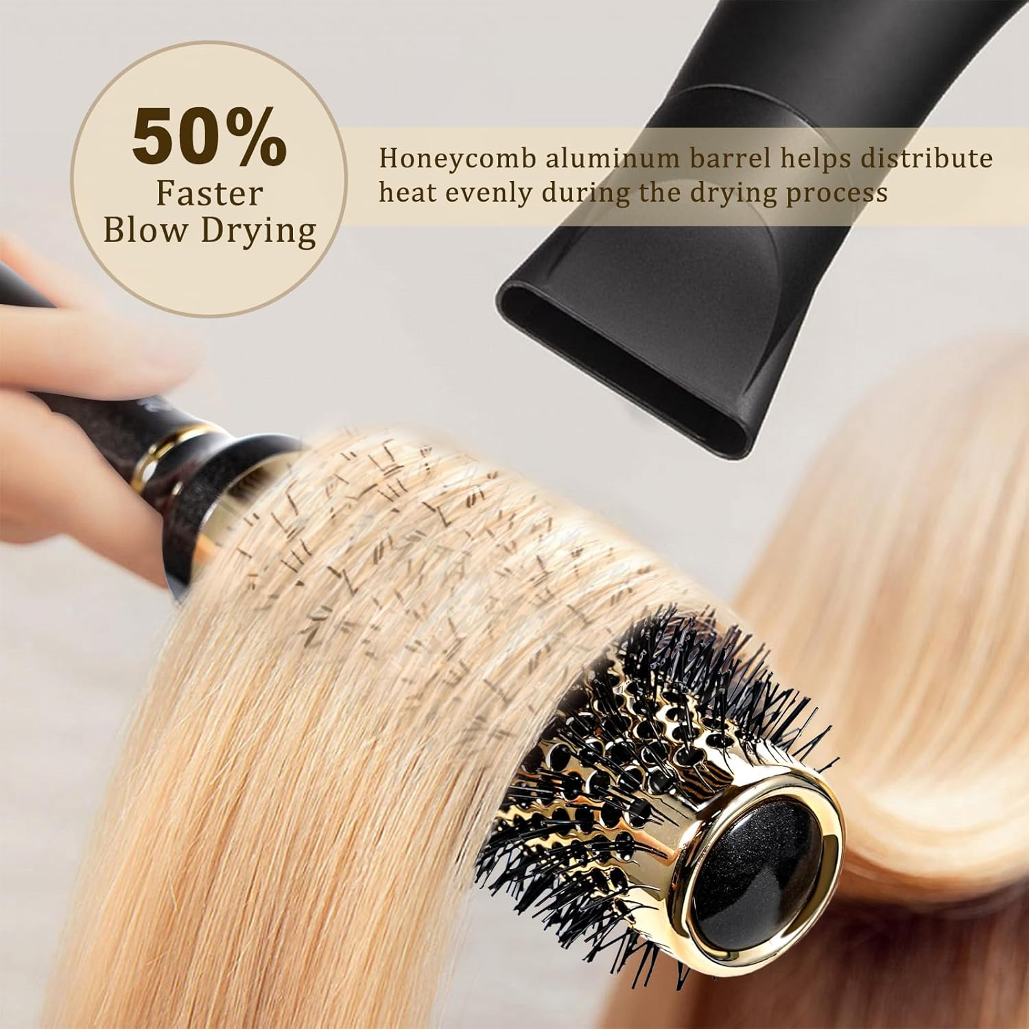 Small round Hair Brush for Short Hair, Aluminum Roller Brush for Blow Drying, Salon Hairbrushes for Women Curly and Straight Hair - 1.3 Inch Barrel, 1.9 Inch with Bristles