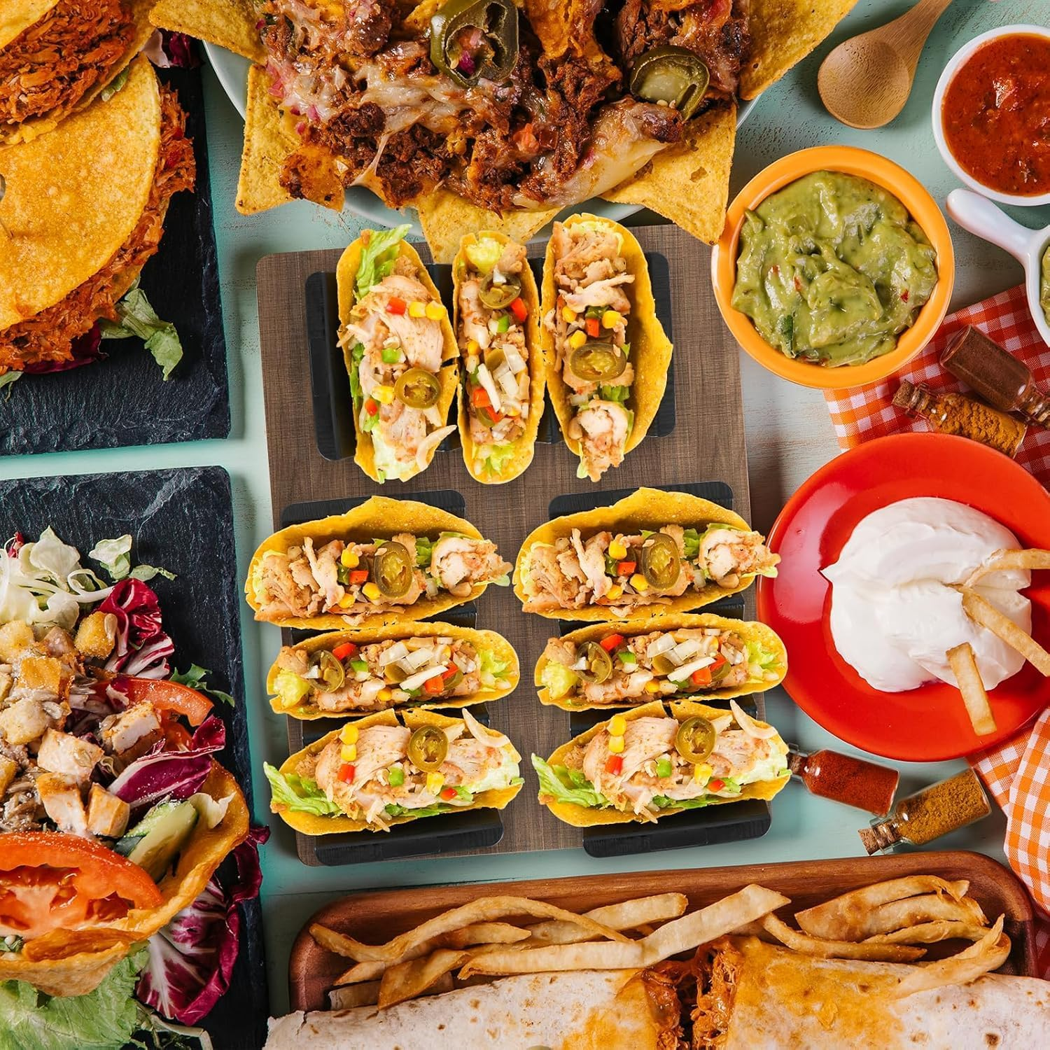 Mexico Taco Holder Stands Set of 7 Black Large Tray Plates Plastics Holder for Taco Night Tuesday Carnival Party Supplies, Dishwasher Microwave Safe image number 2