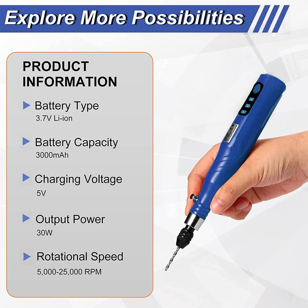 Electric Hand Drill Cordless Rotary Tool with 3 Adjustable Speed Rechargeable Electric Engraving Pen Portable Mini Engraver Tools for Wood Resin Plastic Pearl Etc. (Blue) image number 6