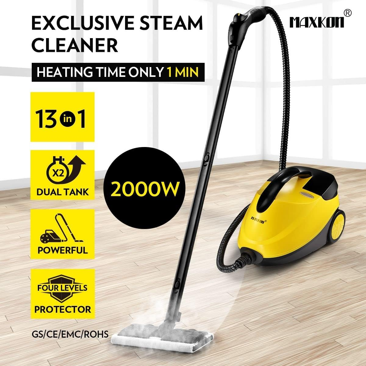 Maxkon 13-In-1 Steam Cleaner Mop 2.1L High Pressure Carpet Floor Window Steamer Handheld Home Cleaning,Dual Tank image number 2