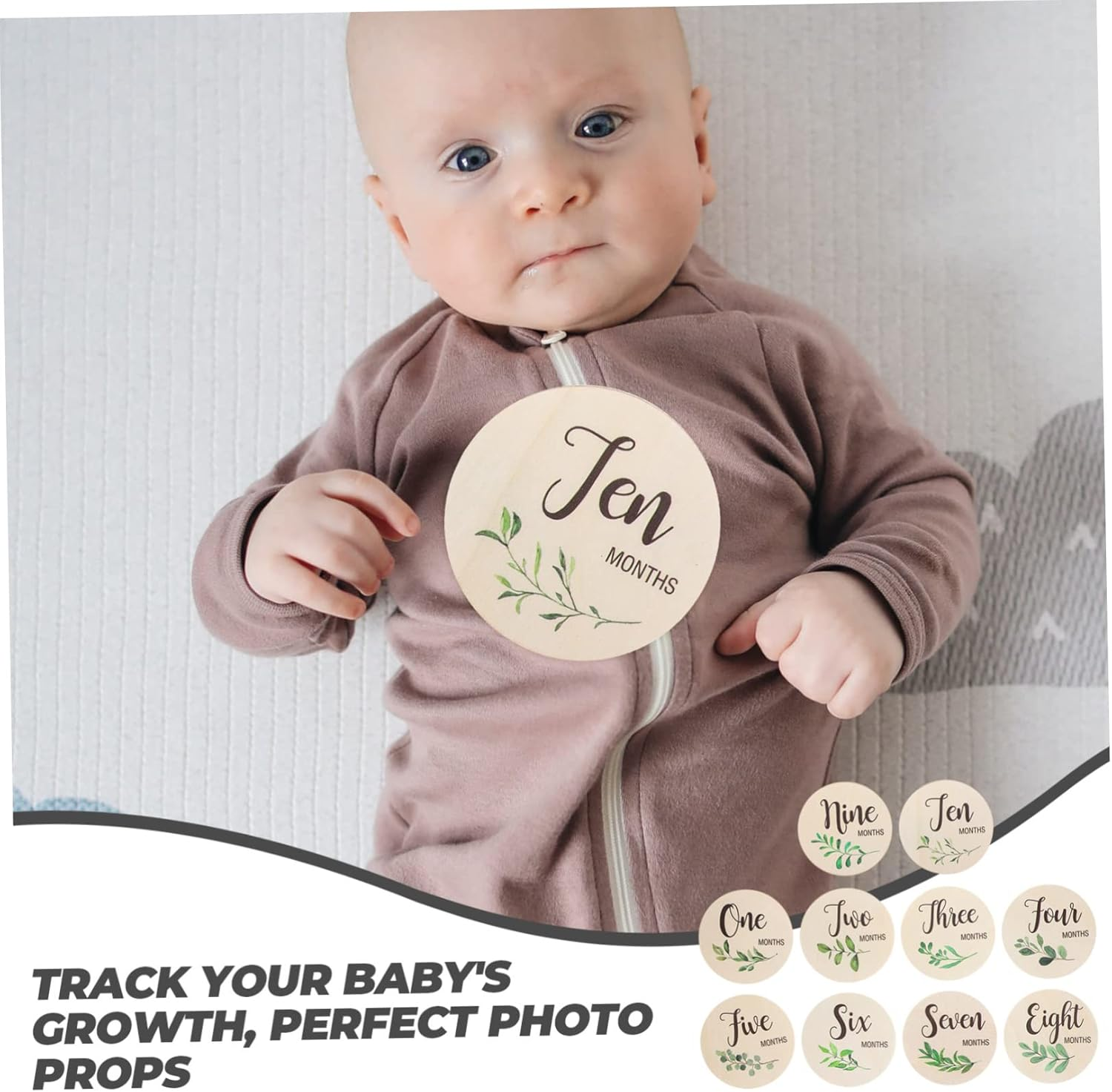 SUPVOX 10Pcs Wooden Milestone Cards Unisex round Milestone Discs for Newborn Photography for Capturing First Year Memories And image number 1