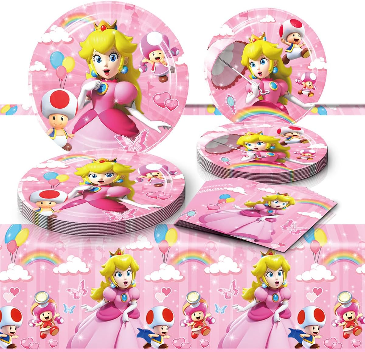GYSIXGAOSU 41Pcs Princess Peach Birthday Decorations, 20 Plates, 20 Napkins and 1 Tablecover for Princess Peach Birthday Party Supplies image number 2