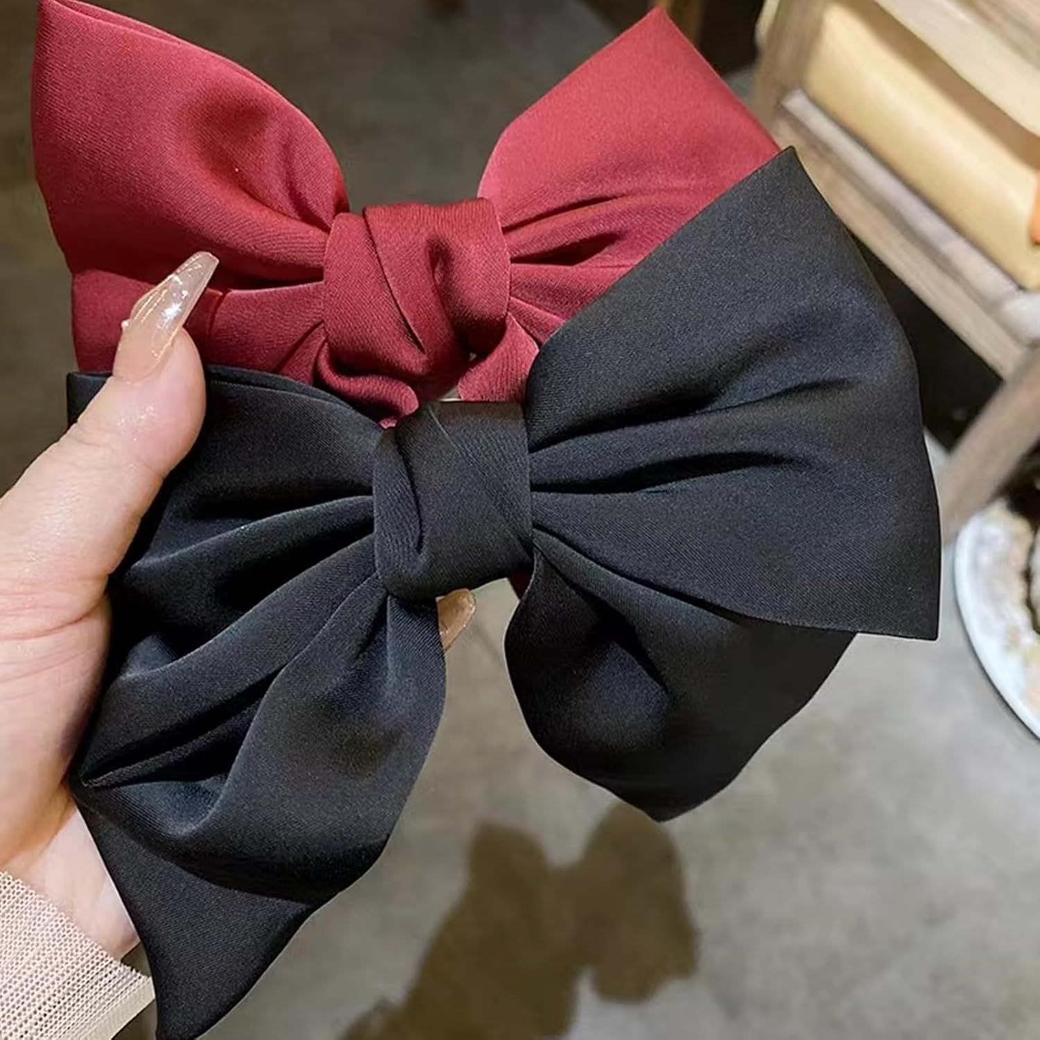 2Pcs Hair Bows for Women, Bow Hair Clips for Girls,Silky Satin Hair Bows Hair Ribbon Cute Hair Accessories, Black+Wine Red. image number 3