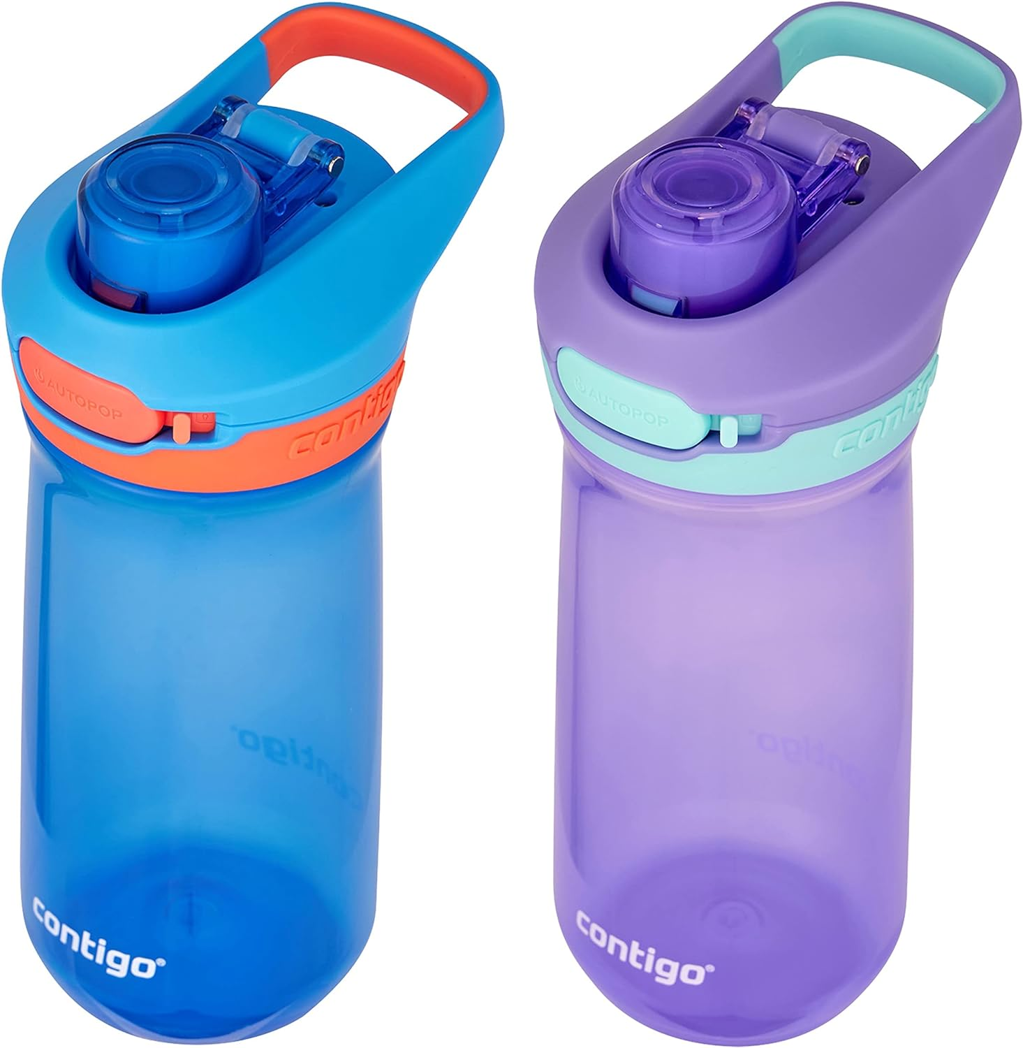 Contigo Jessie Kids Water Bottle with Leak-Proof Lid, 14Oz Dishwasher-Safe Kids Water Bottle, Fits Most Cup Holders, 2-Pack Blue Poppy/Coral & Amethyst/Jade image number 1